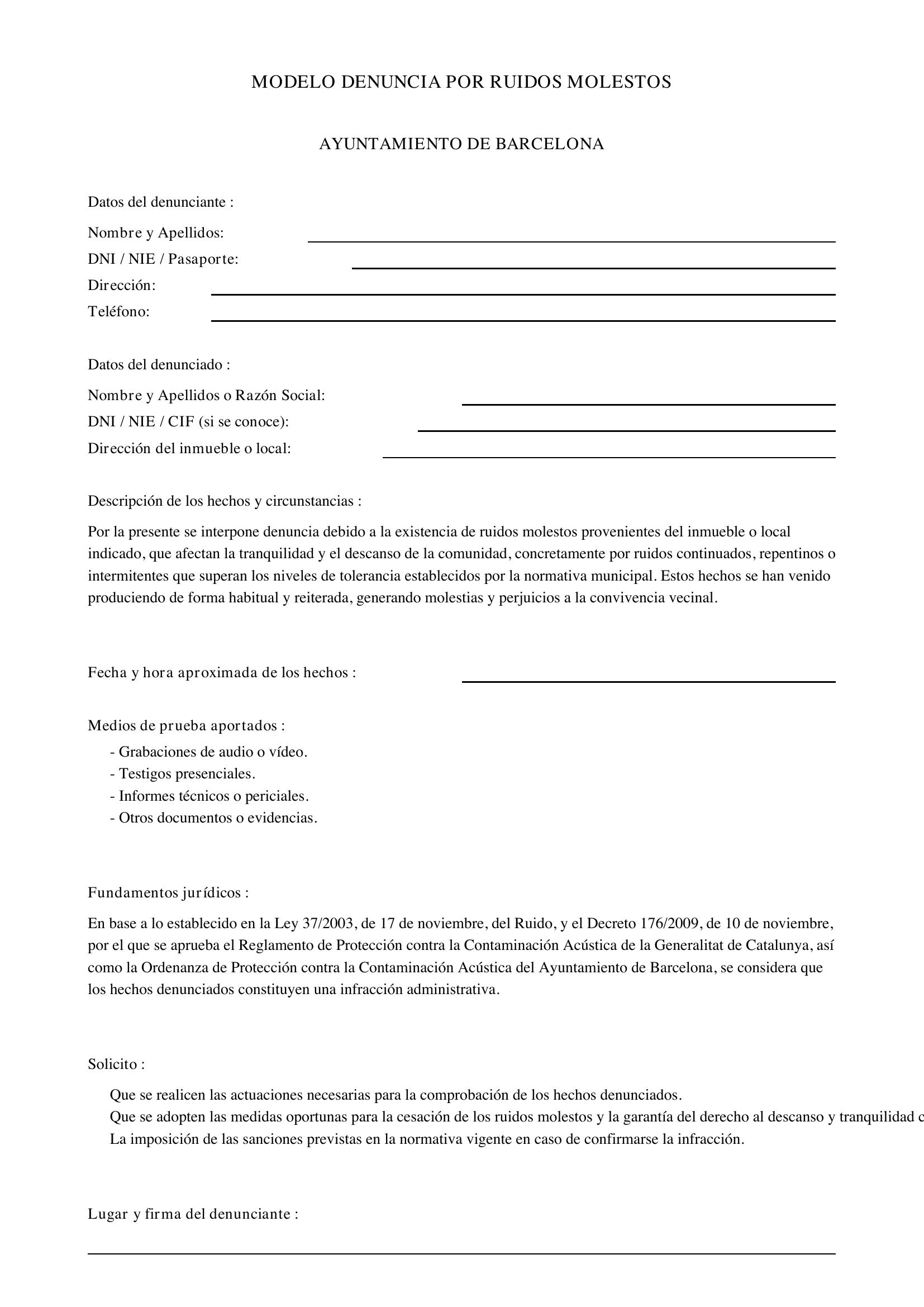 Modelo Denuncia Por Ruidos Molestos Ayuntamiento Barcelona