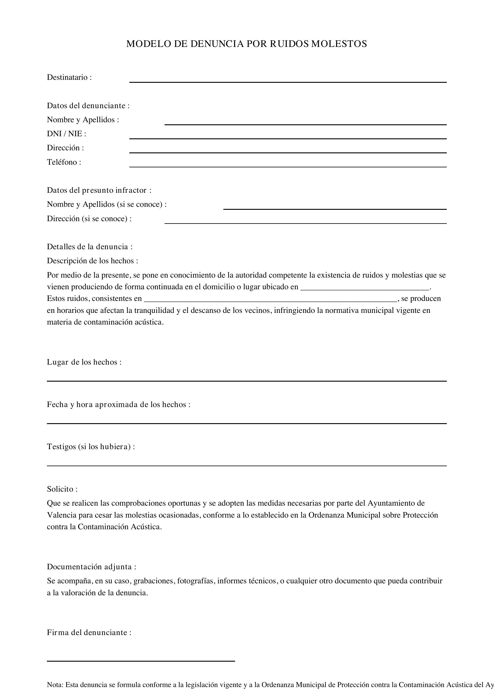 Modelo Denuncia Por Ruidos Molestos Ayuntamiento Valencia