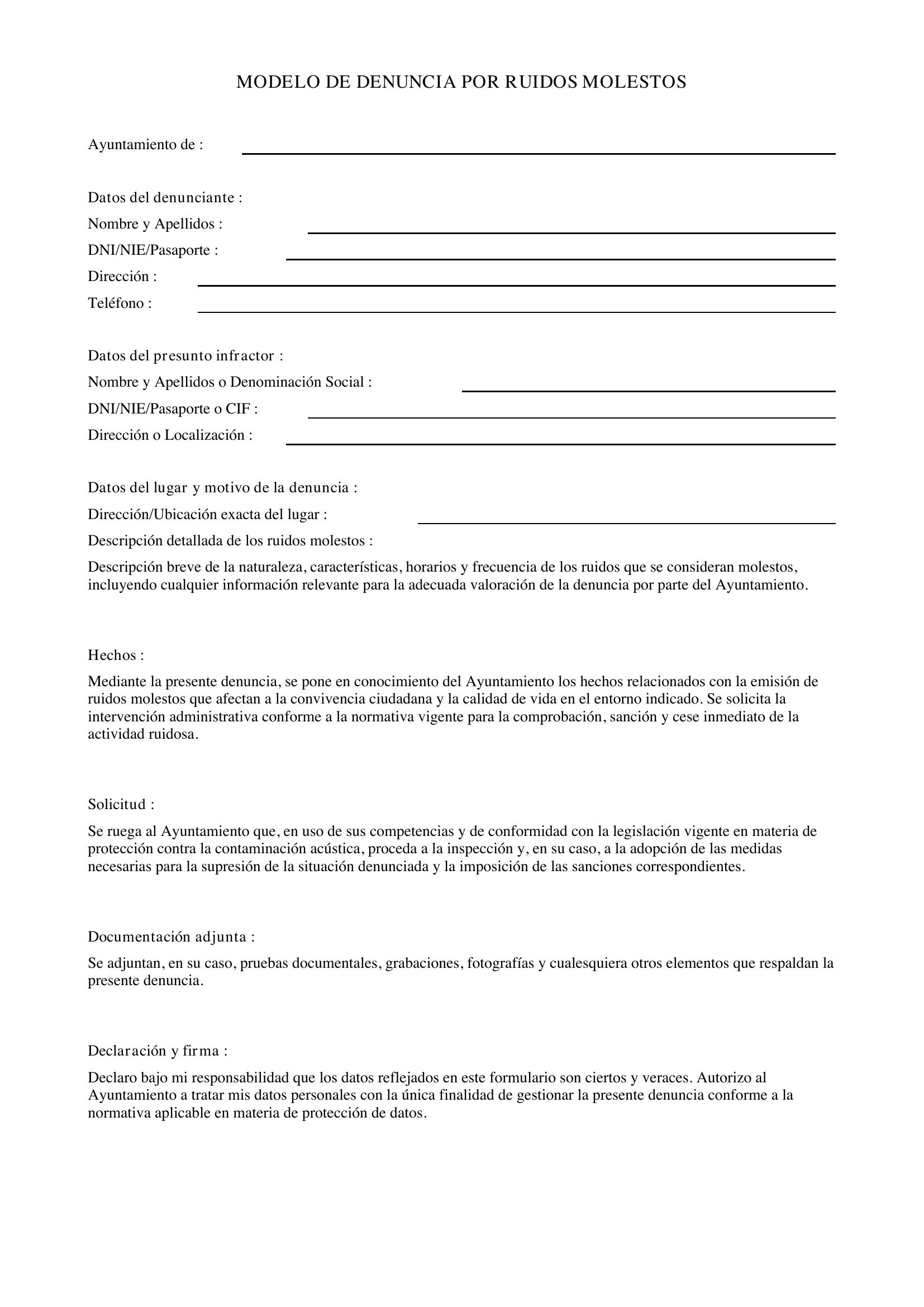 Modelo Denuncia Por Ruidos Molestos Ayuntamiento