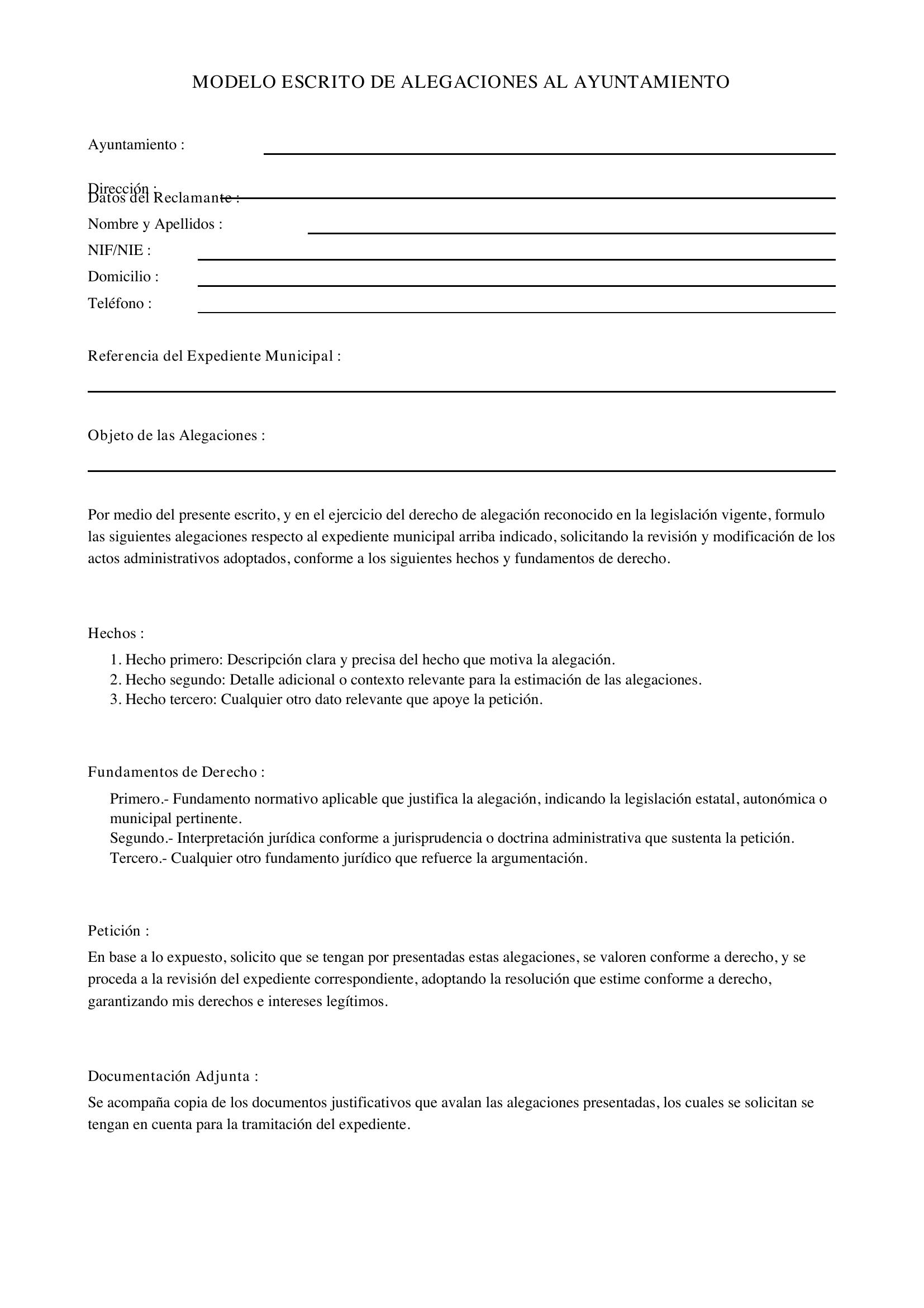 Modelo Escrito De Alegaciones Al Ayuntamiento