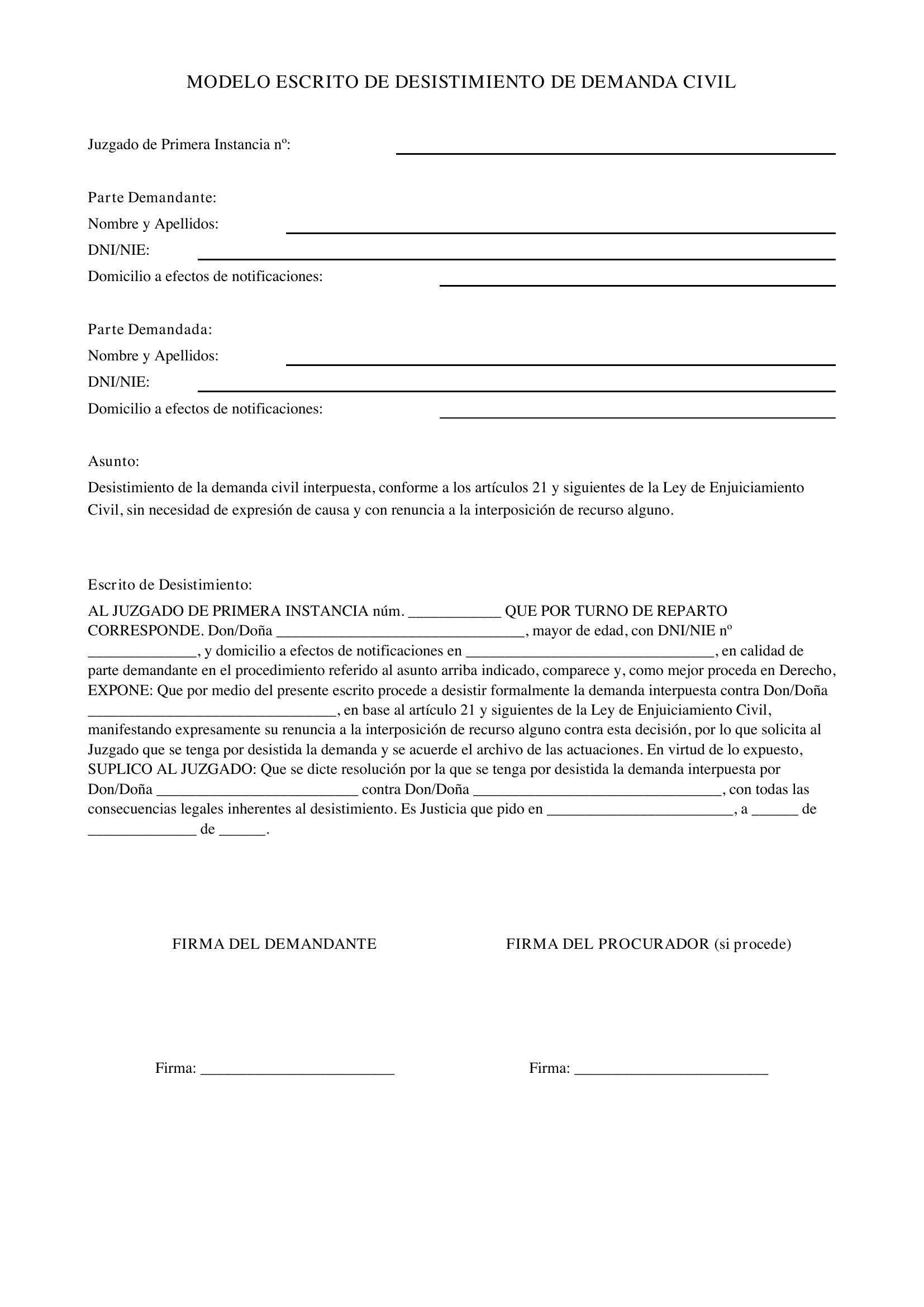 Modelo Escrito Desistimiento Demanda Civil