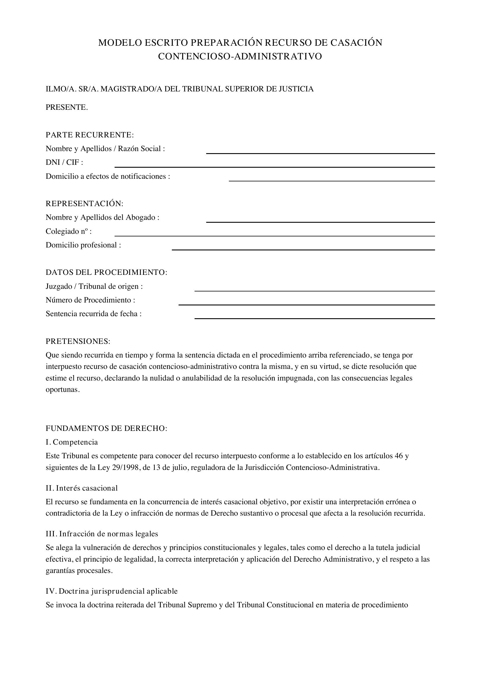 Modelo Escrito Preparación Recurso Casación Contencioso-Administrativo
