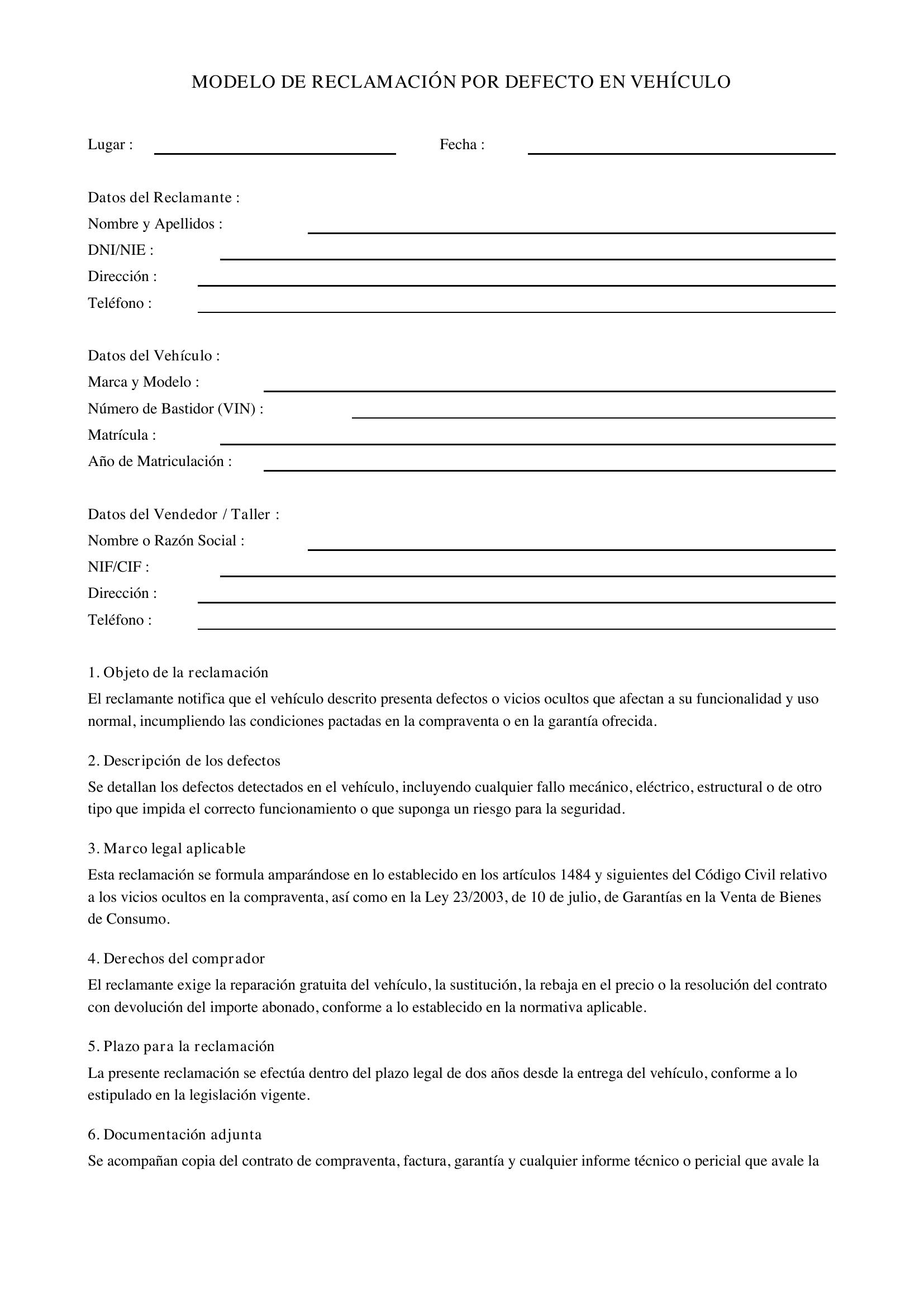 Modelo Reclamación Coche Defectuoso