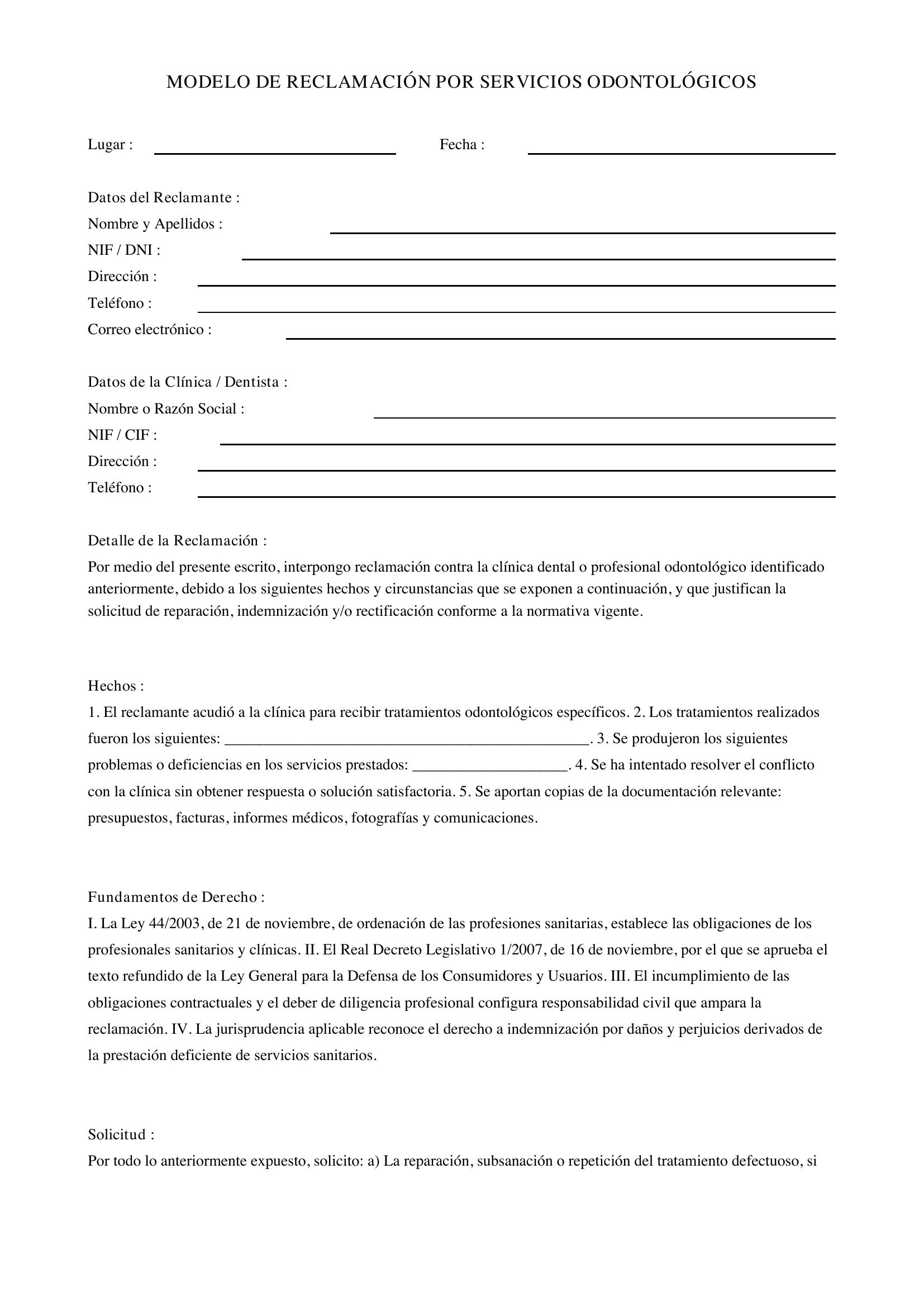Modelo Reclamación Dentista