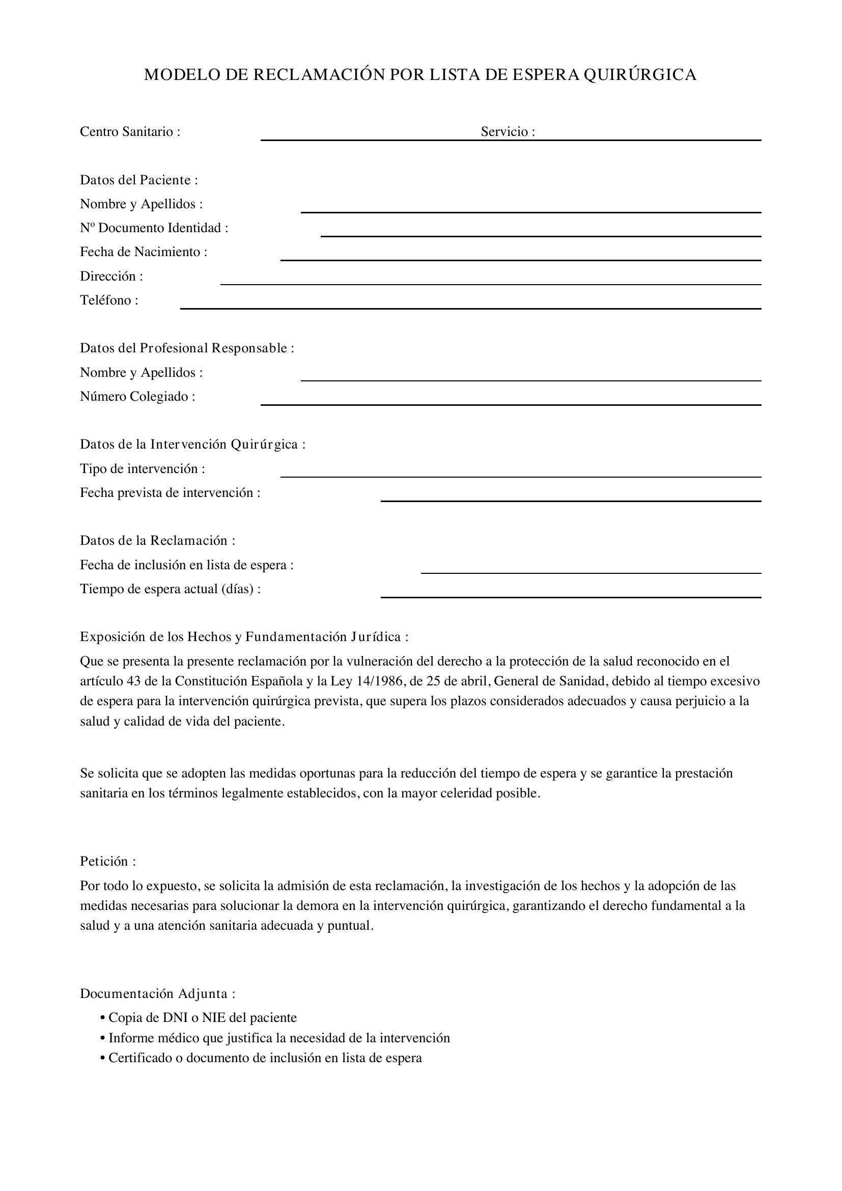 Modelo Reclamación Lista De Espera Quirúrgica