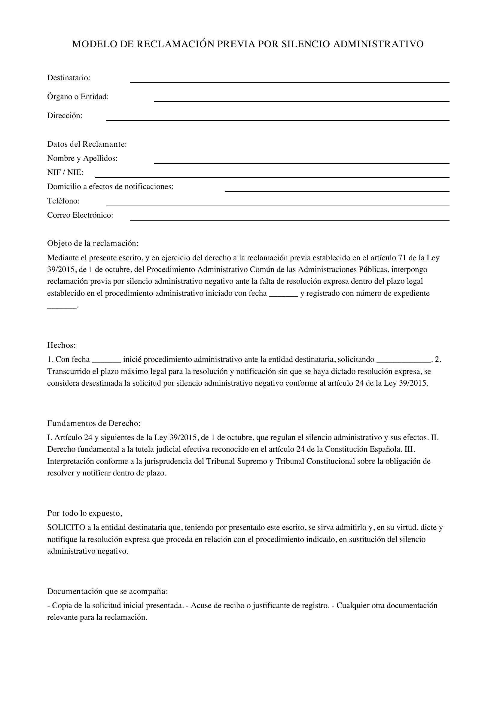Modelo Reclamación Previa Por Silencio Administrativo