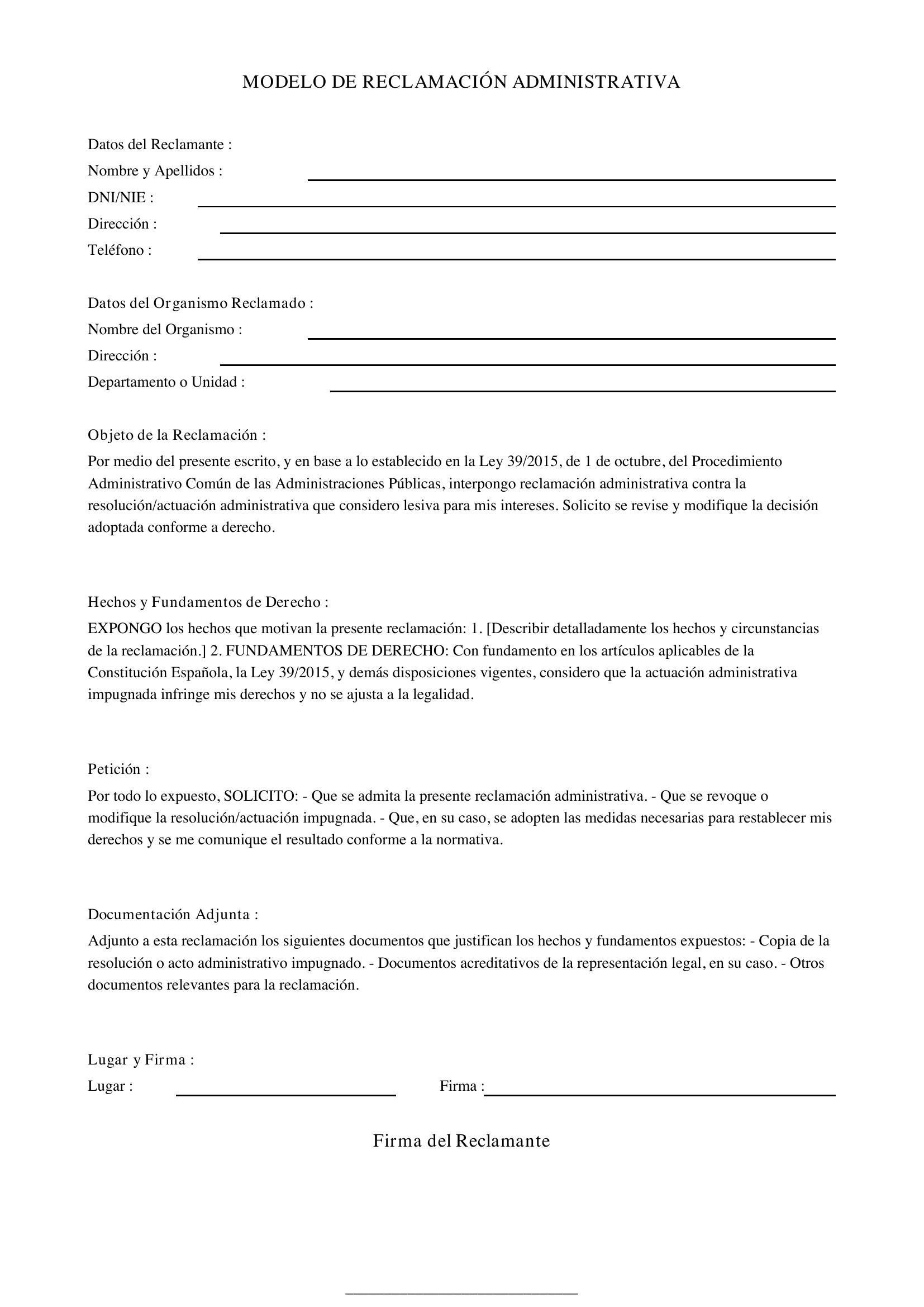 Modelo Reclamación Sacyl