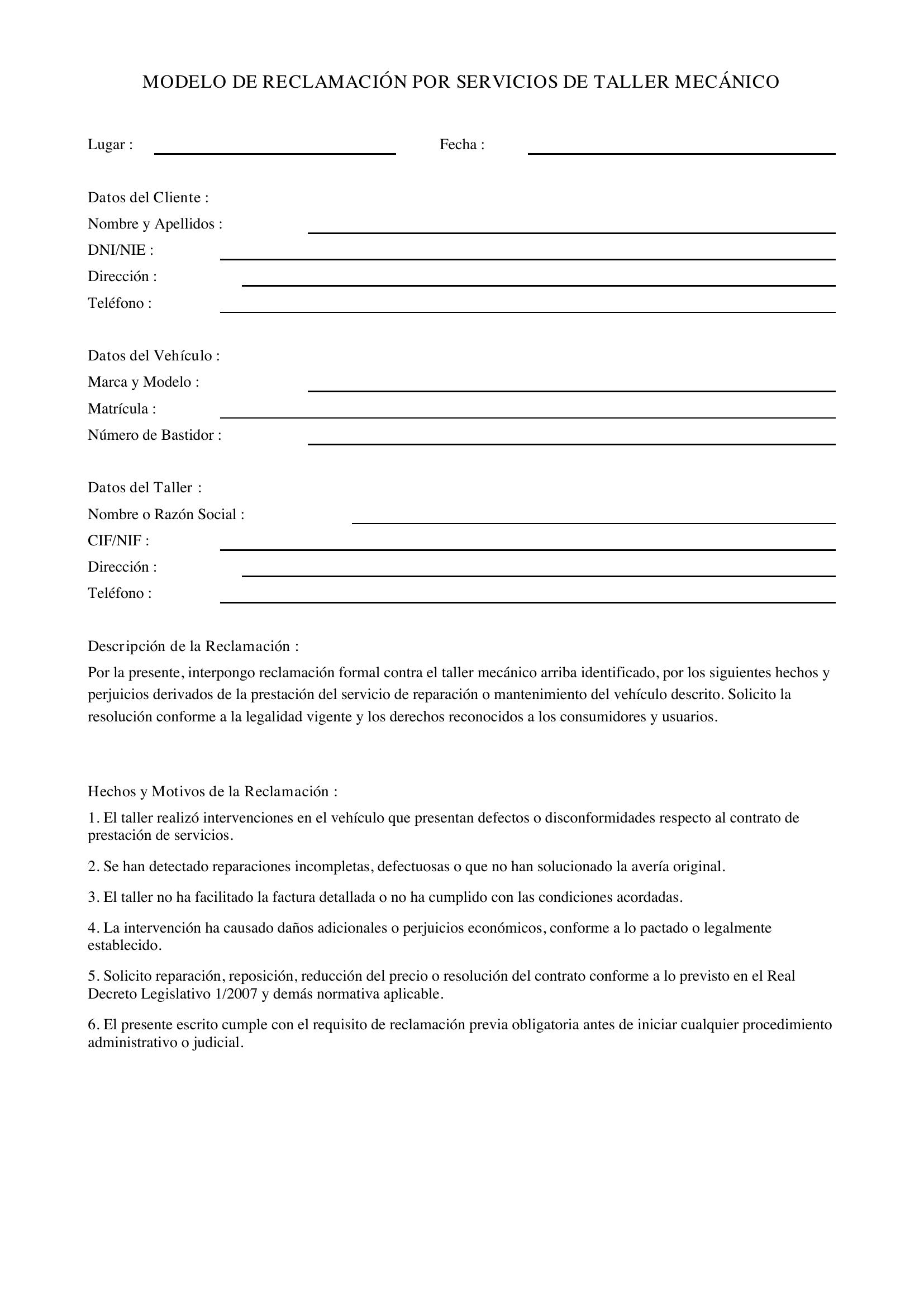 Modelo Reclamación Taller Mecánico