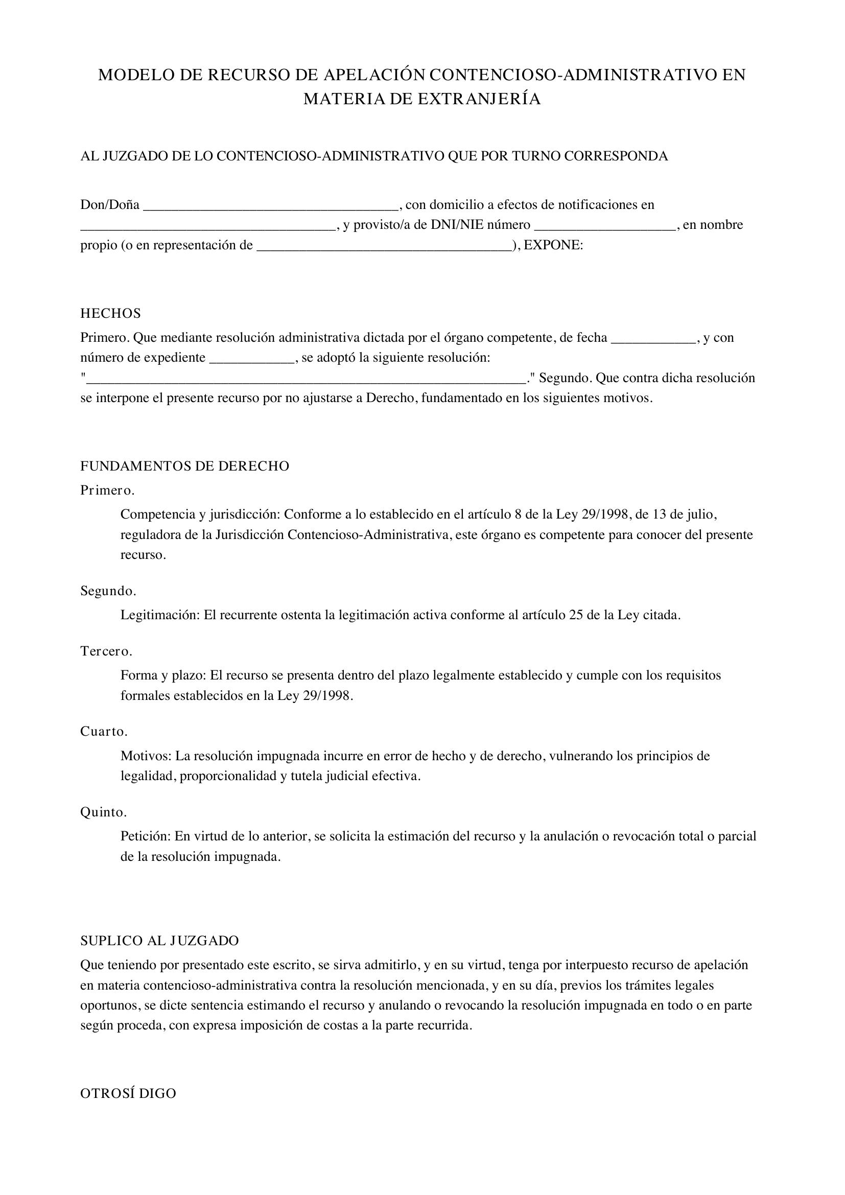 Modelo Recurso Apelación Contencioso-Administrativo Extranjería