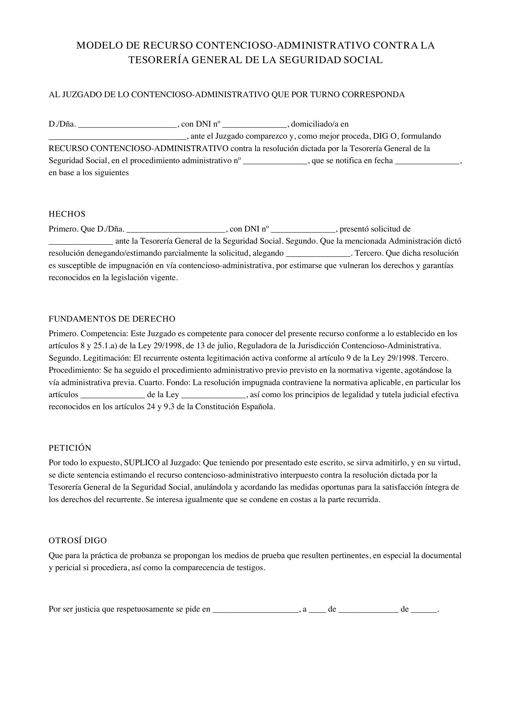 Modelo Recurso Contencioso-Administrativo Contra La Tesorería General De La Seguridad Social