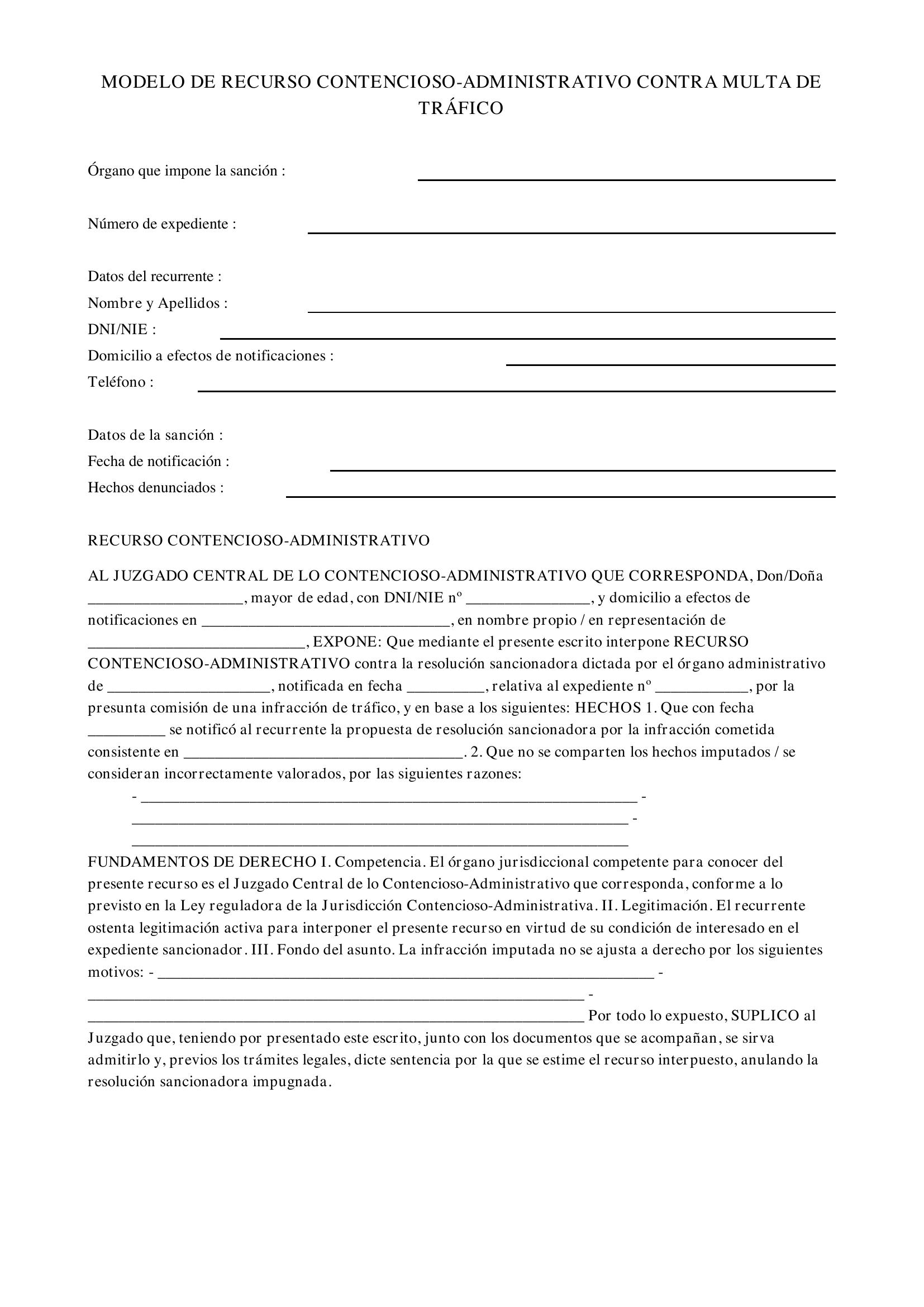Modelo Recurso Contencioso-Administrativo Contra Multa De Tráfico