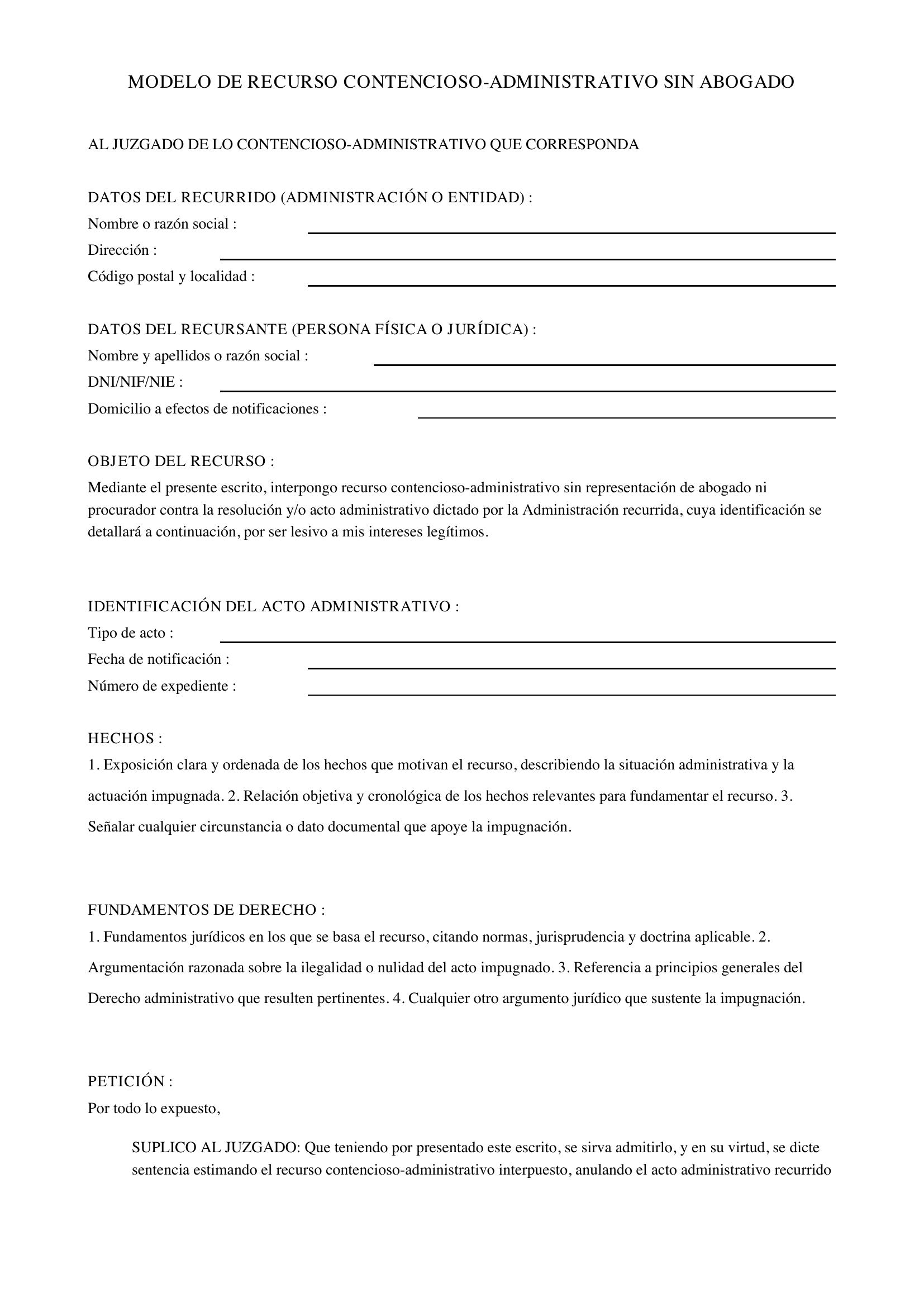 Modelo Recurso Contencioso-Administrativo Sin Abogado
