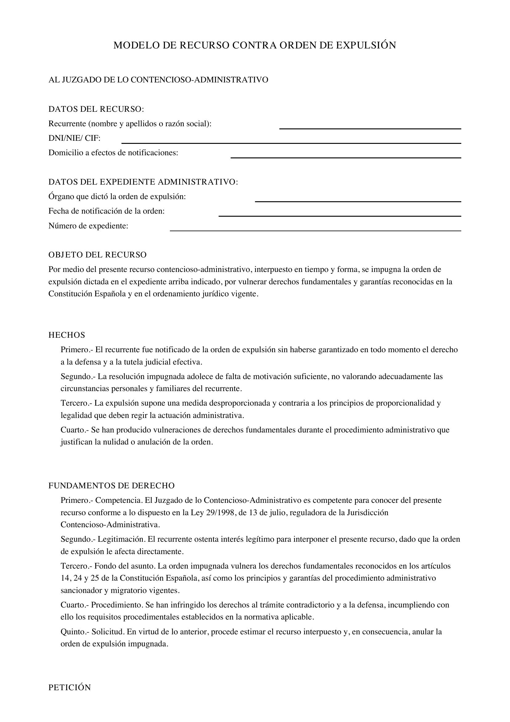 Modelo Recurso Contra Orden De Expulsión