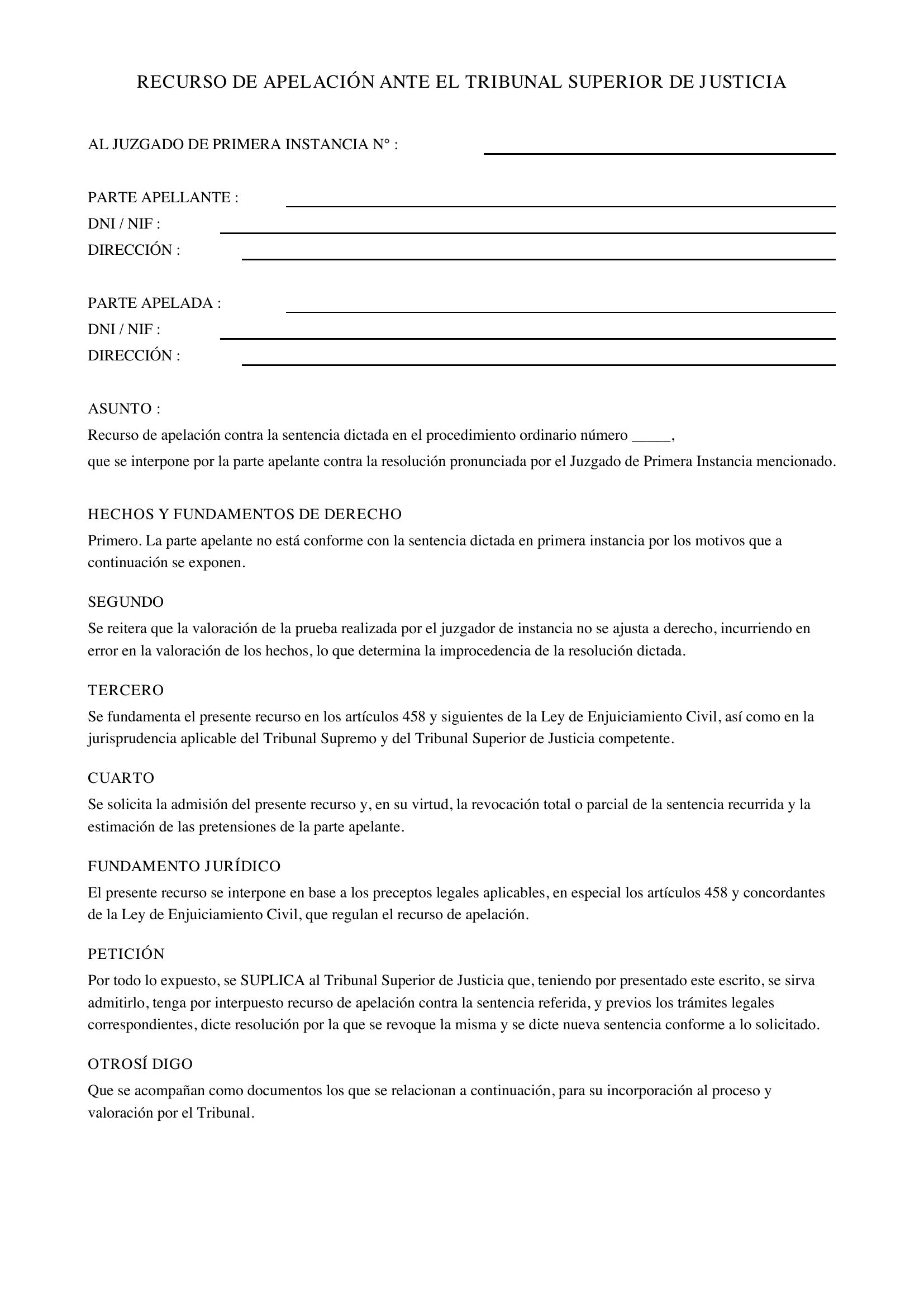 Modelo Recurso De Apelación Ante El Tribunal Superior De Justicia