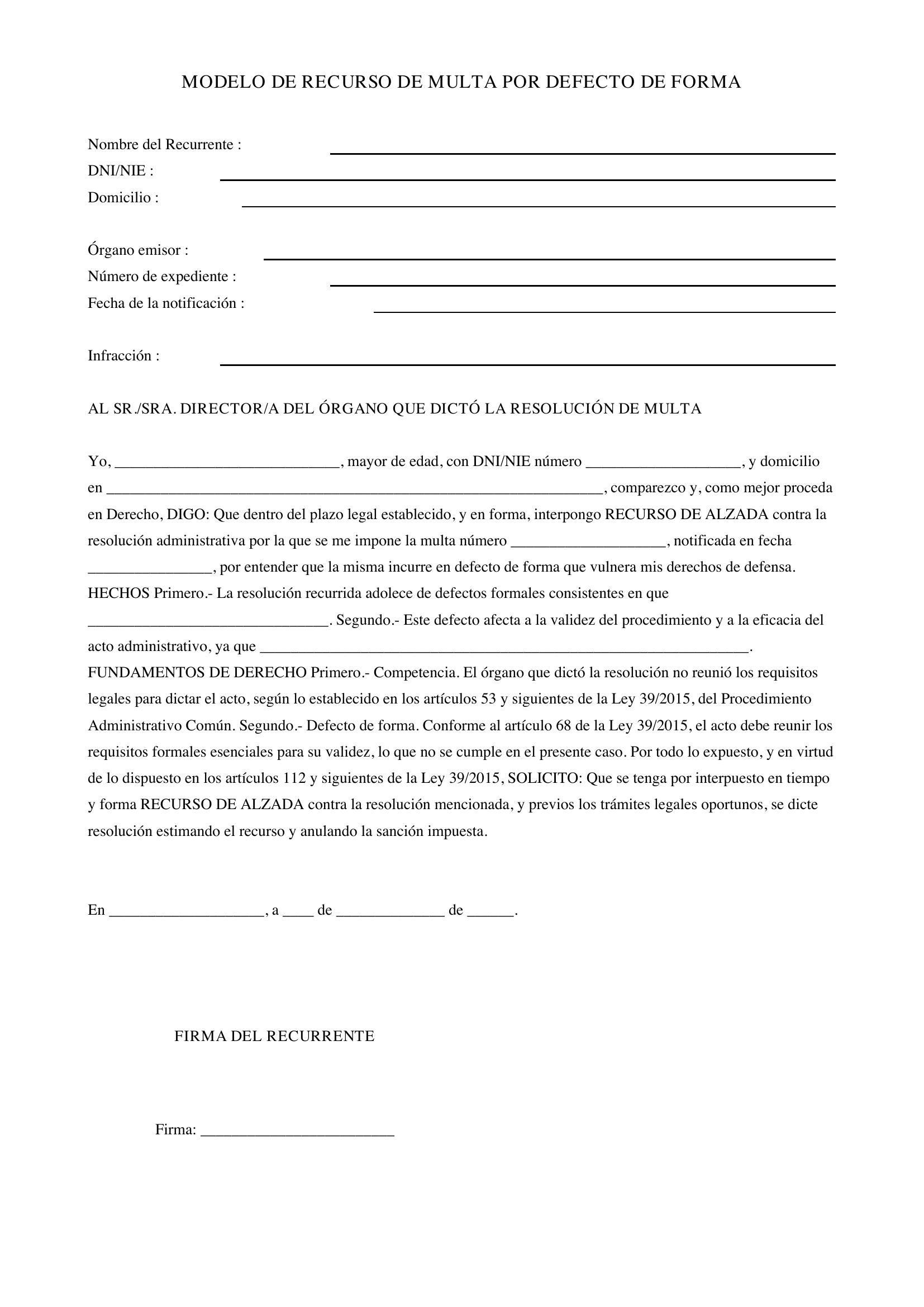 Modelo Recurso De Multa Por Defecto De Forma