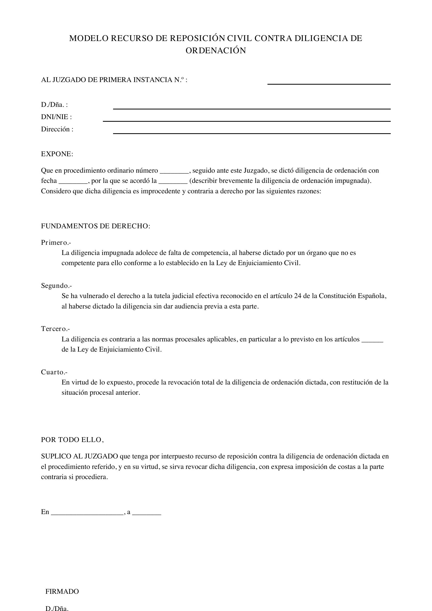 Modelo Recurso De Reposición Civil Contra Diligencia De Ordenación