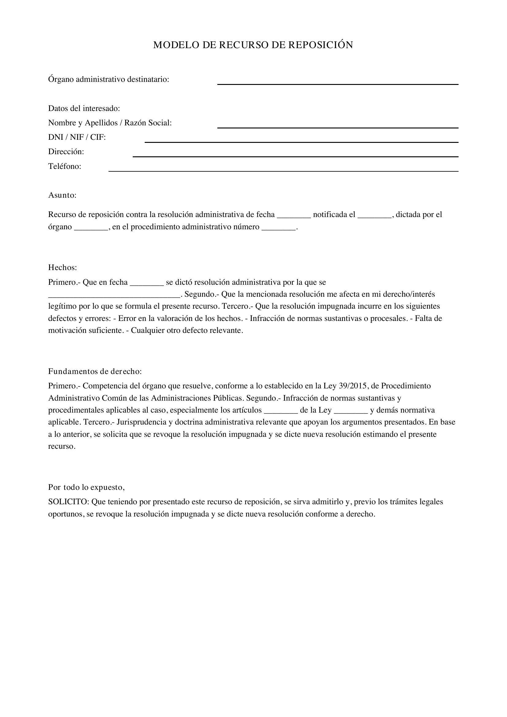 Modelo Recurso De Reposición Civil