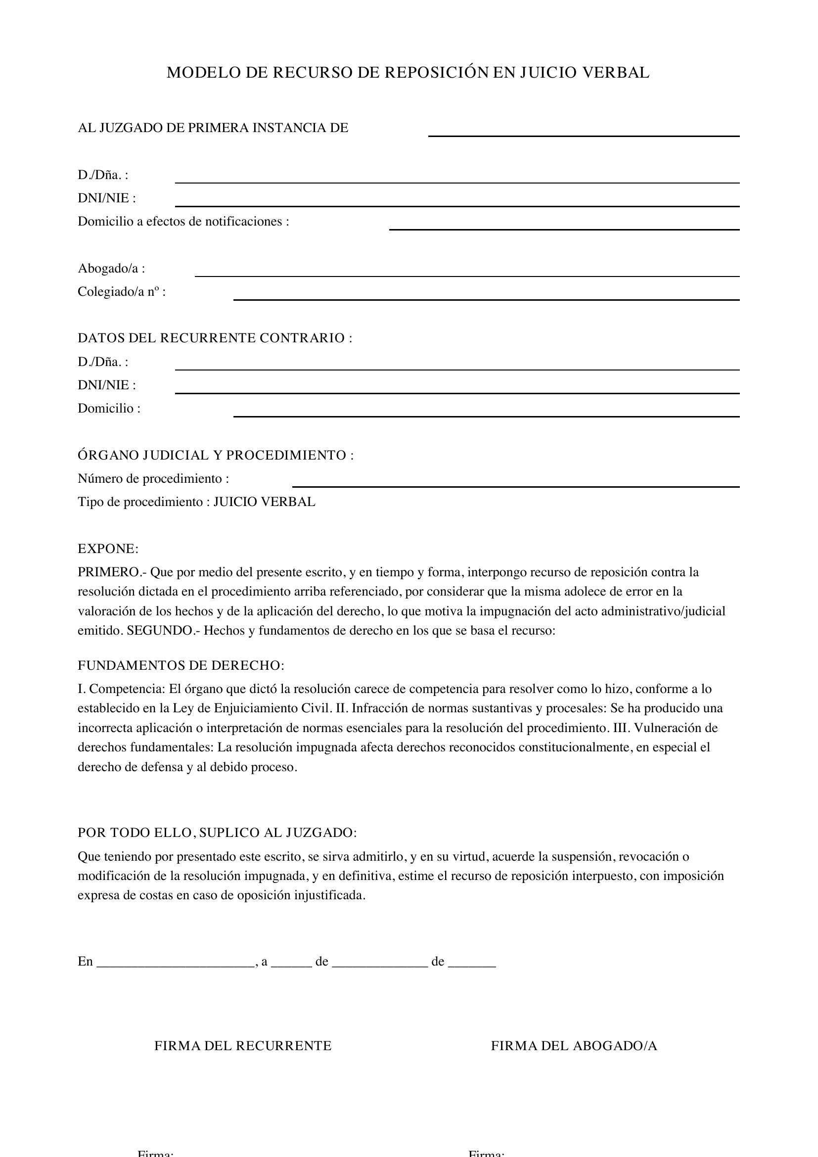 Modelo Recurso De Reposición Juicio Verbal