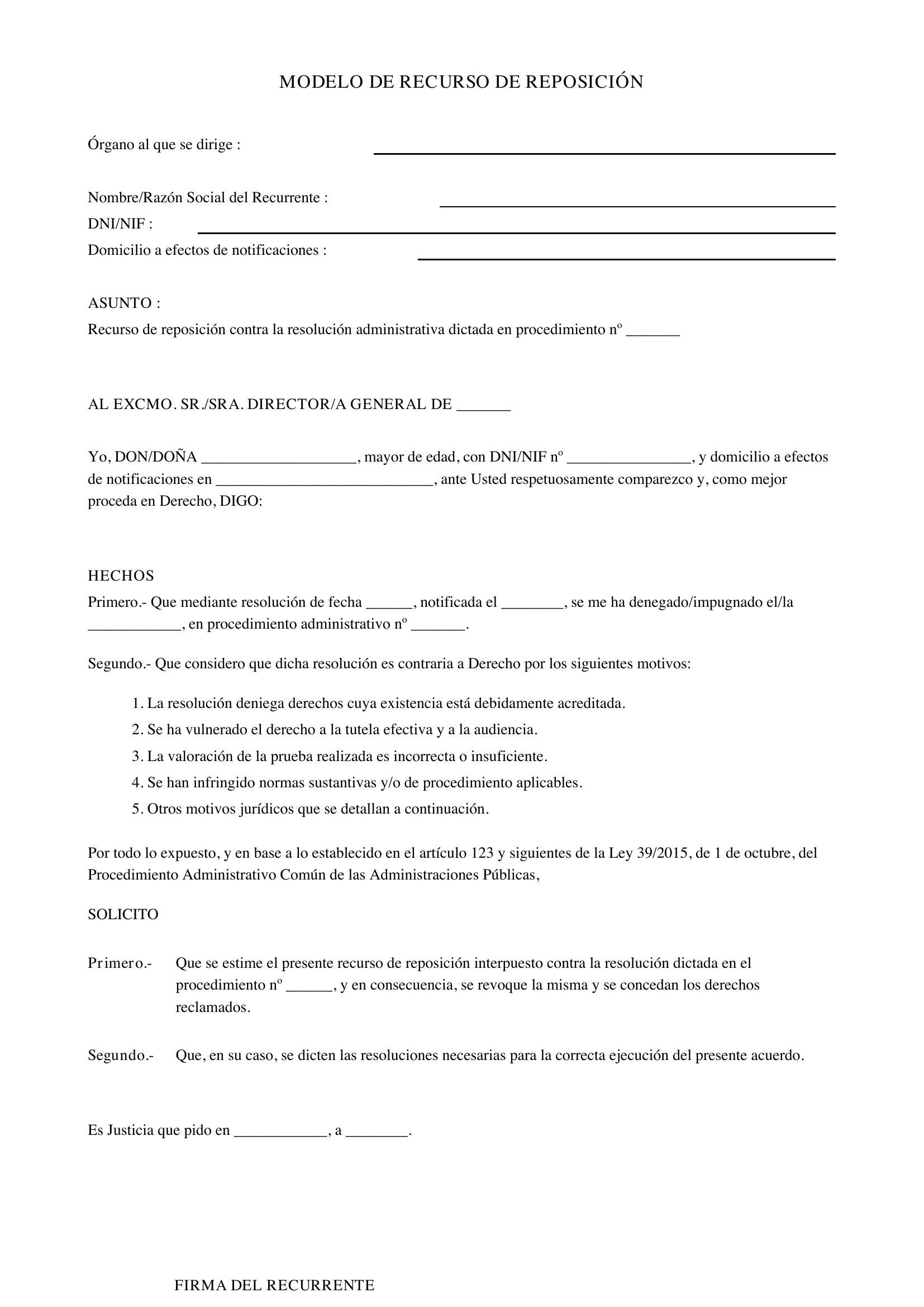 Modelo Recurso De Reposición Oposiciones