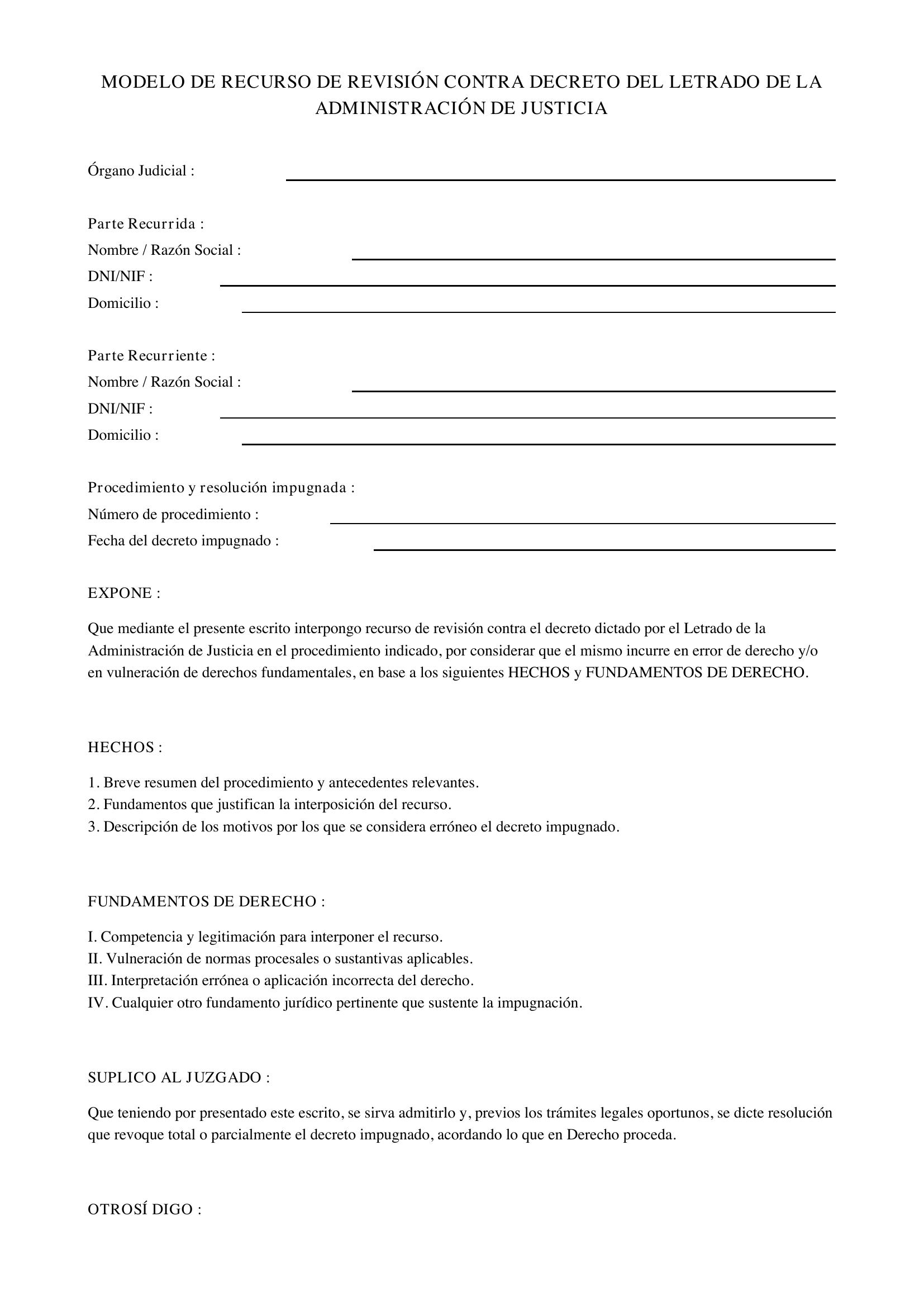 Modelo Recurso De Revisión Contra Decreto Del Letrado De La Administración De Justicia