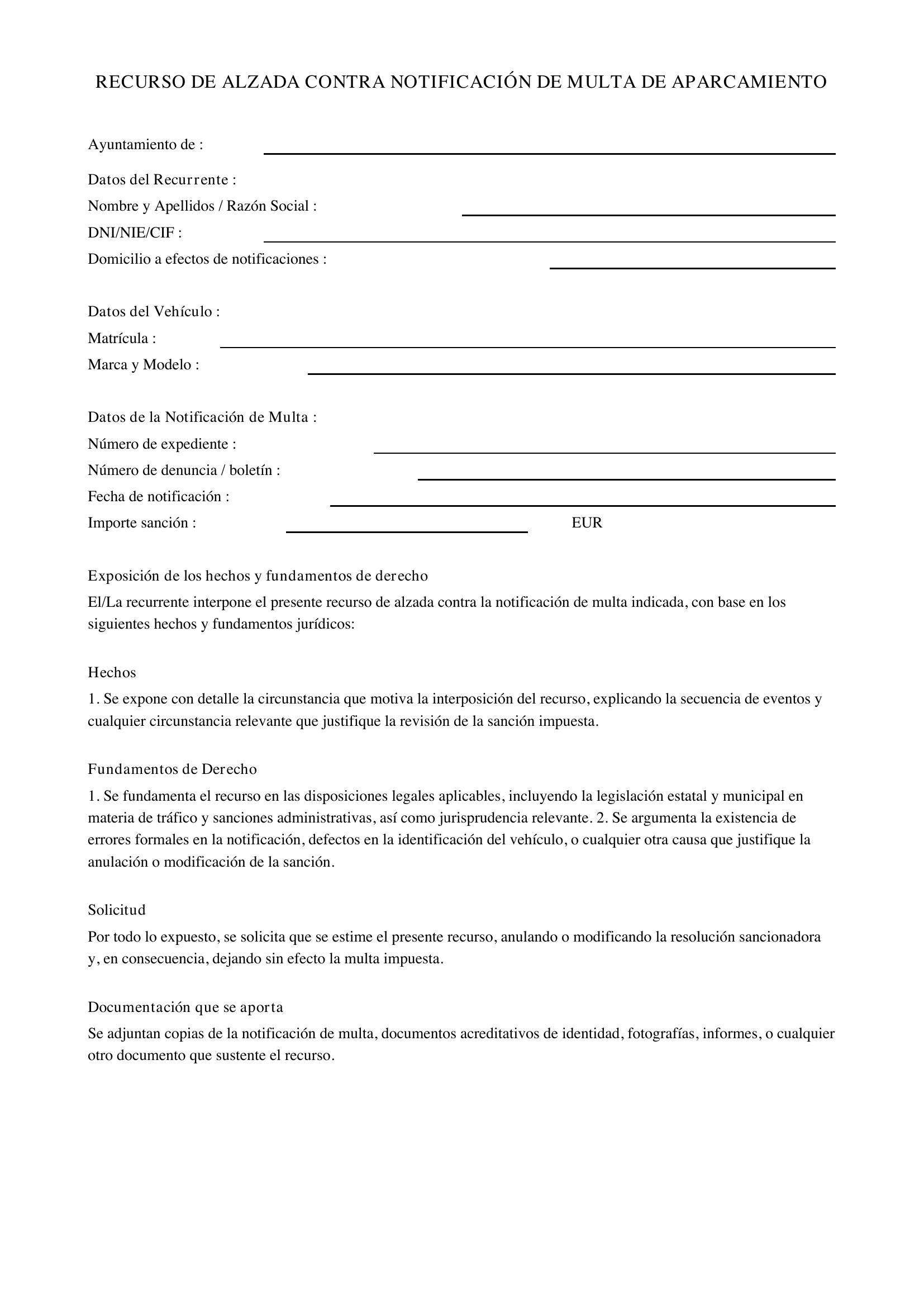 Modelo Recurso Multa Aparcamiento Ayuntamiento