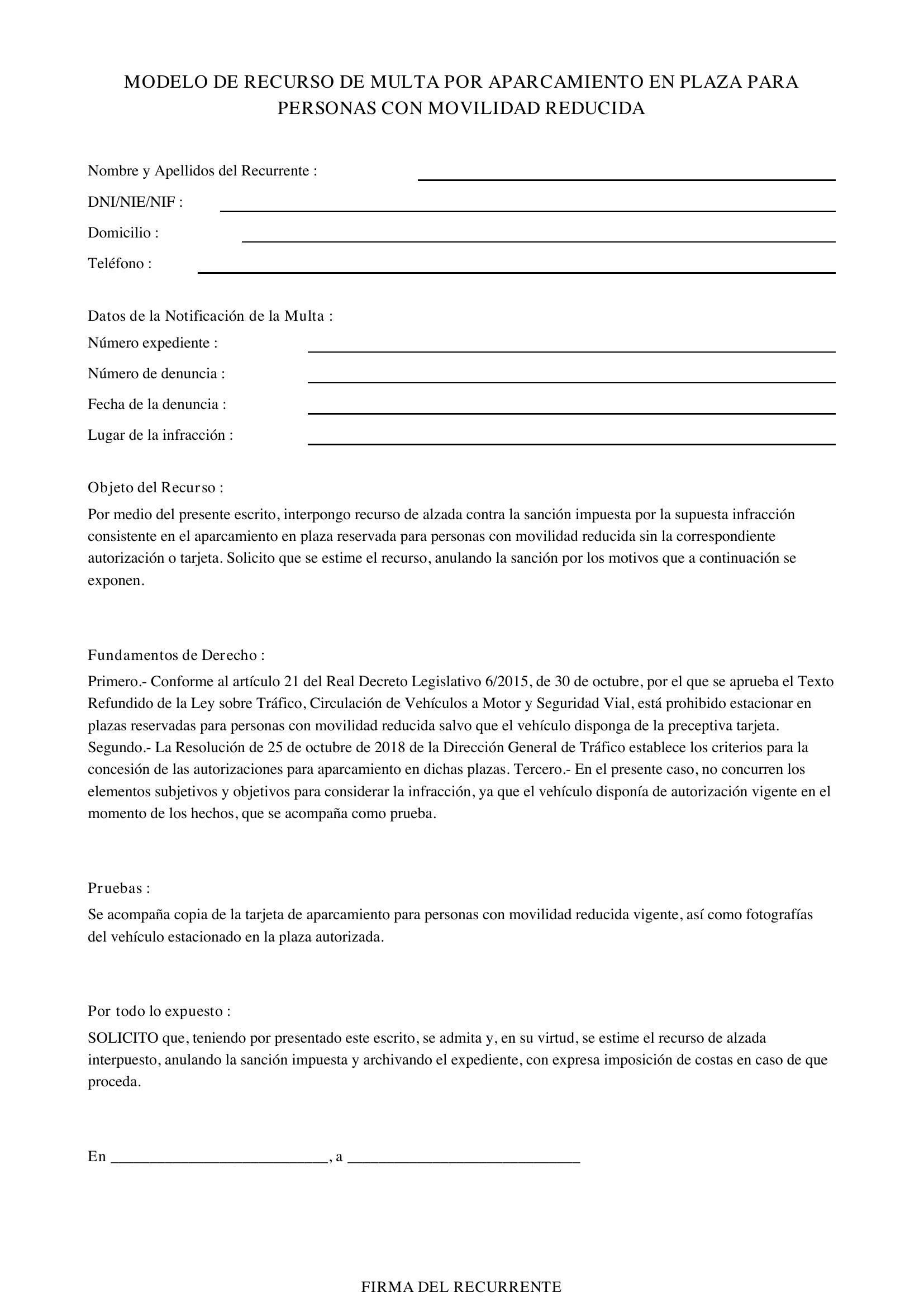 Modelo Recurso Multa Aparcamiento Minusválidos