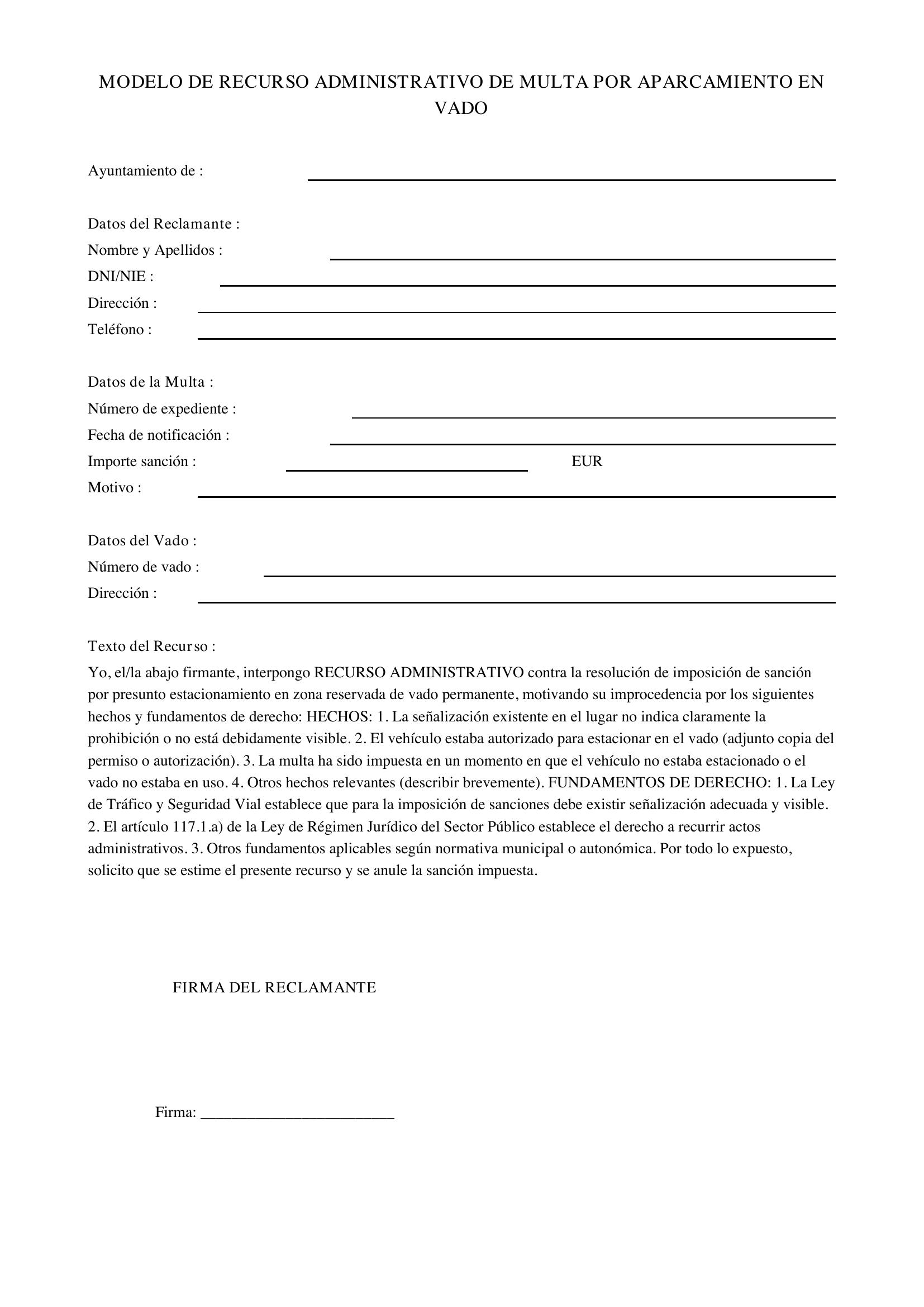 Modelo Recurso Multa Aparcamiento Vado