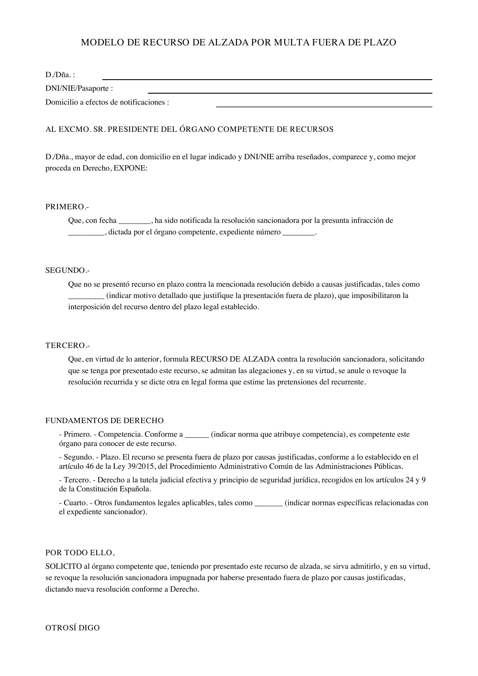 Modelo Recurso Multa Fuera De Plazo