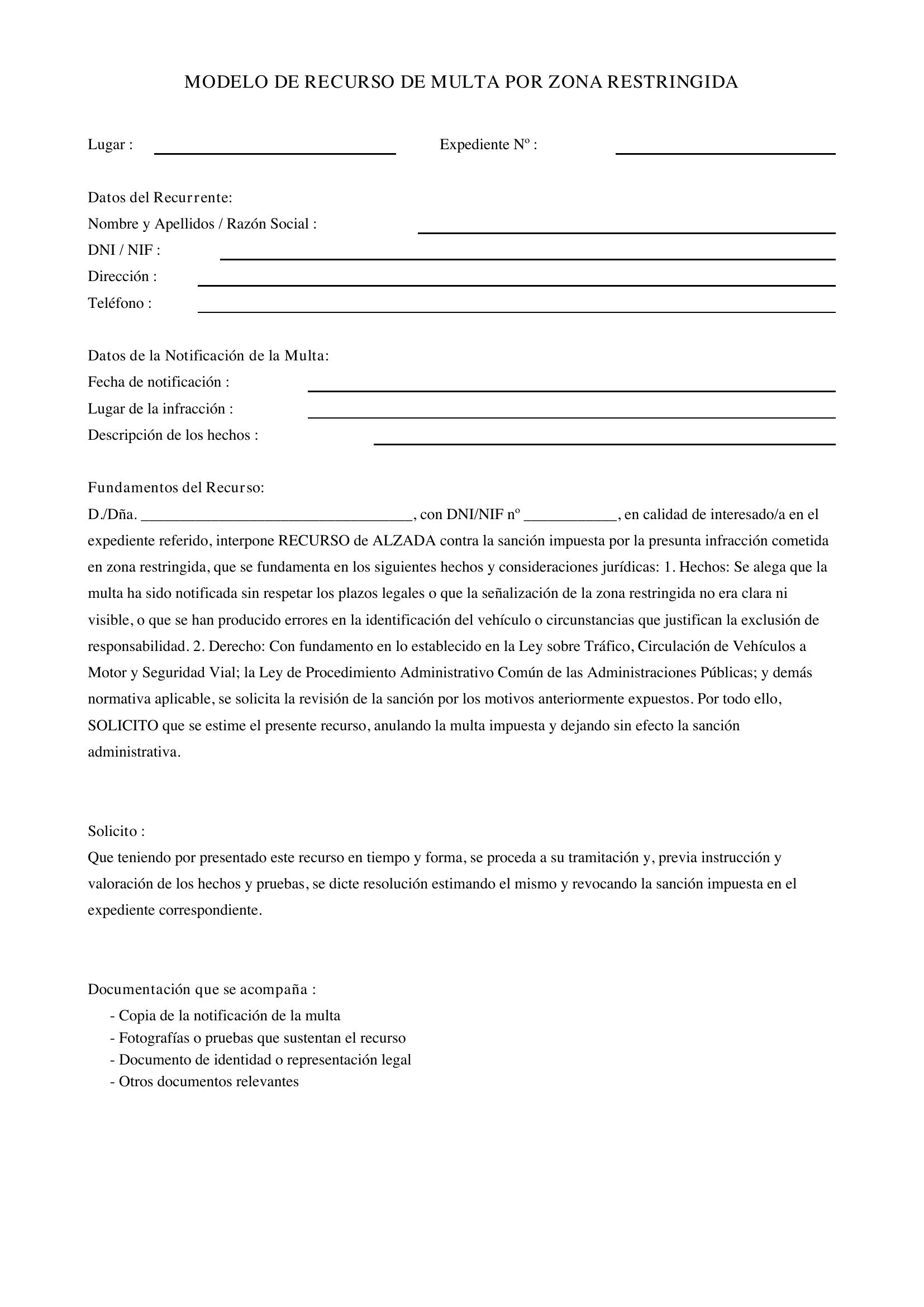 Modelo Recurso Multa Zona Restringida