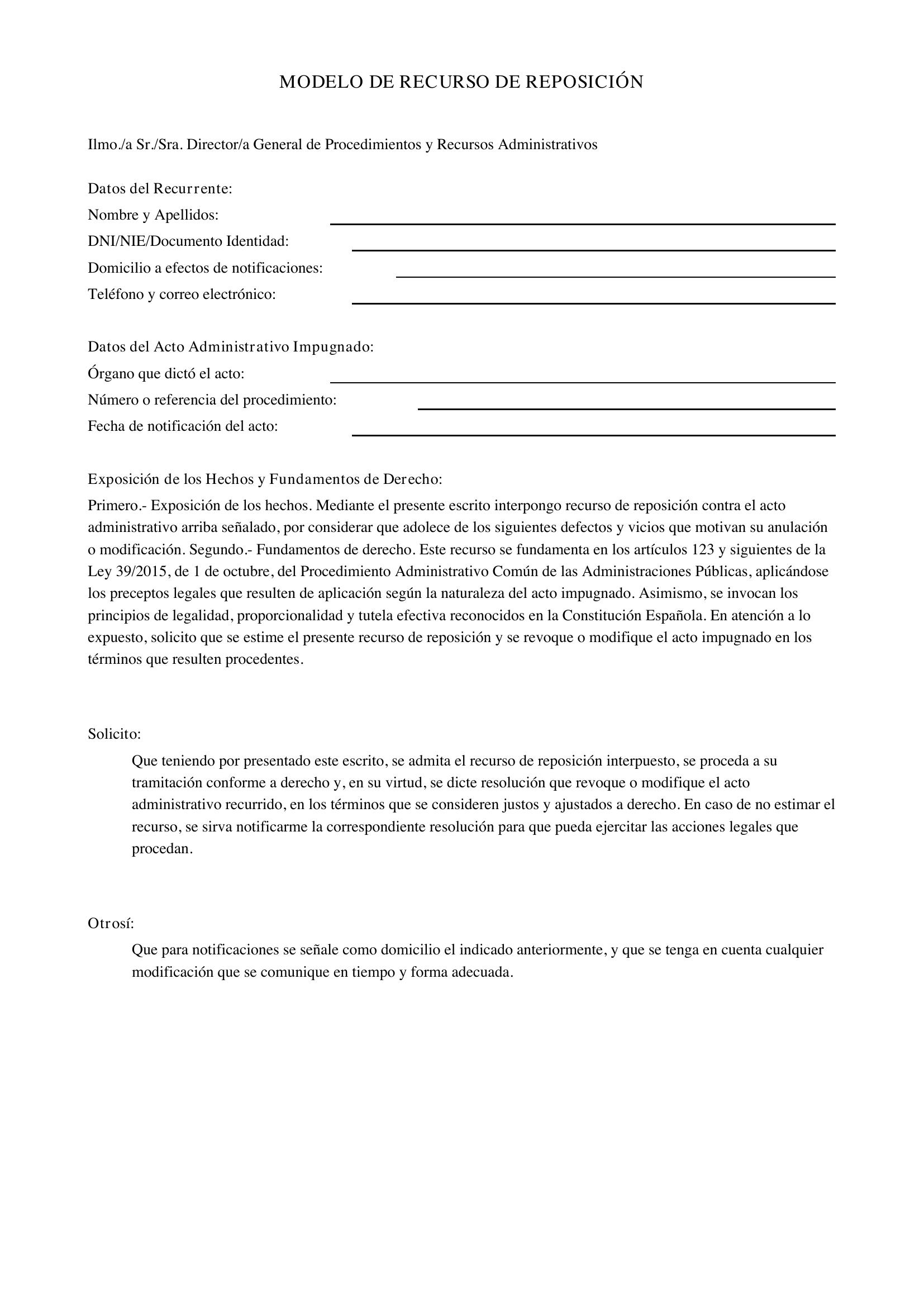 Modelo Recurso Reposición Denegación Prueba Contencioso-Administrativo