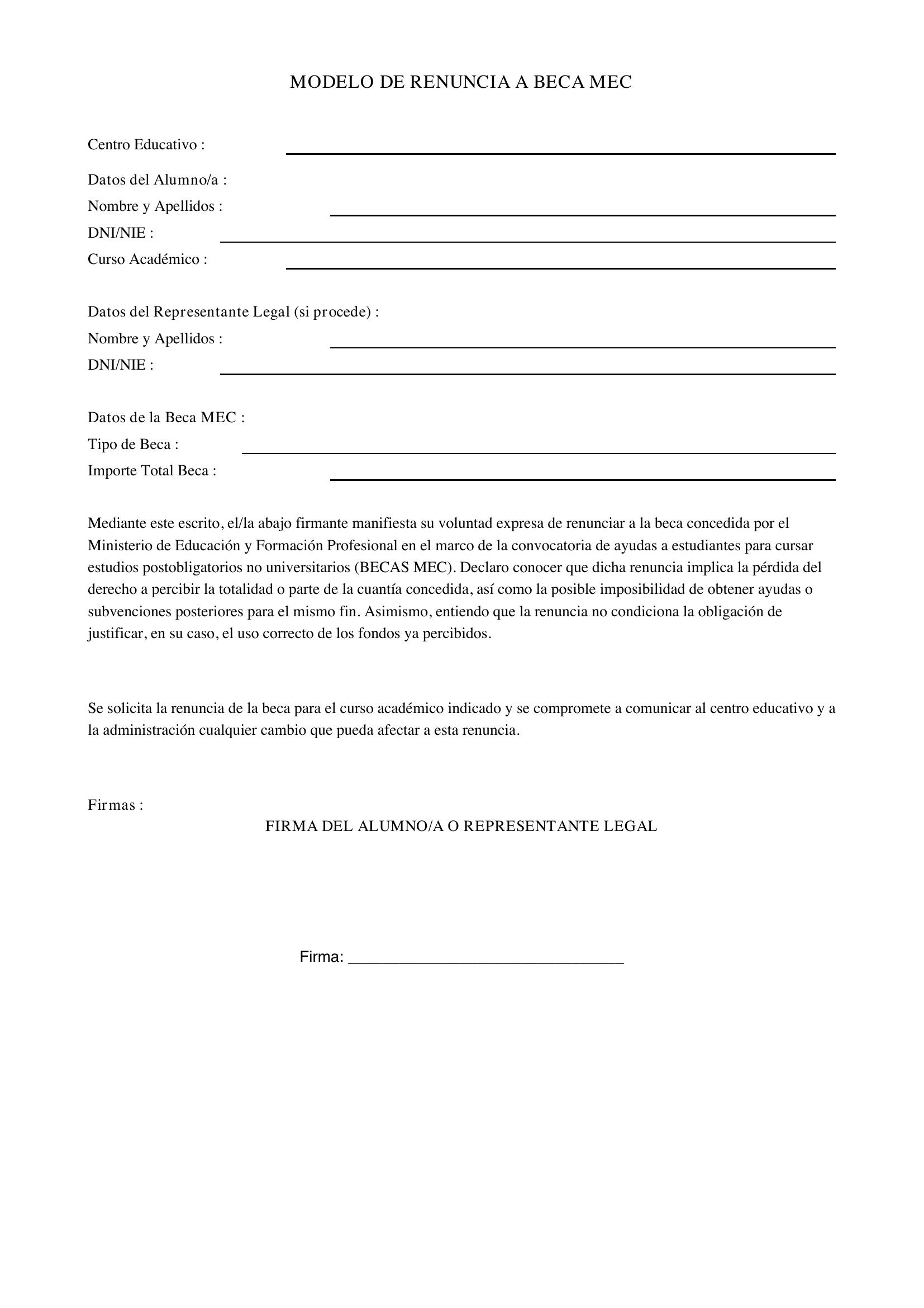 Modelo Renuncia Beca Mec