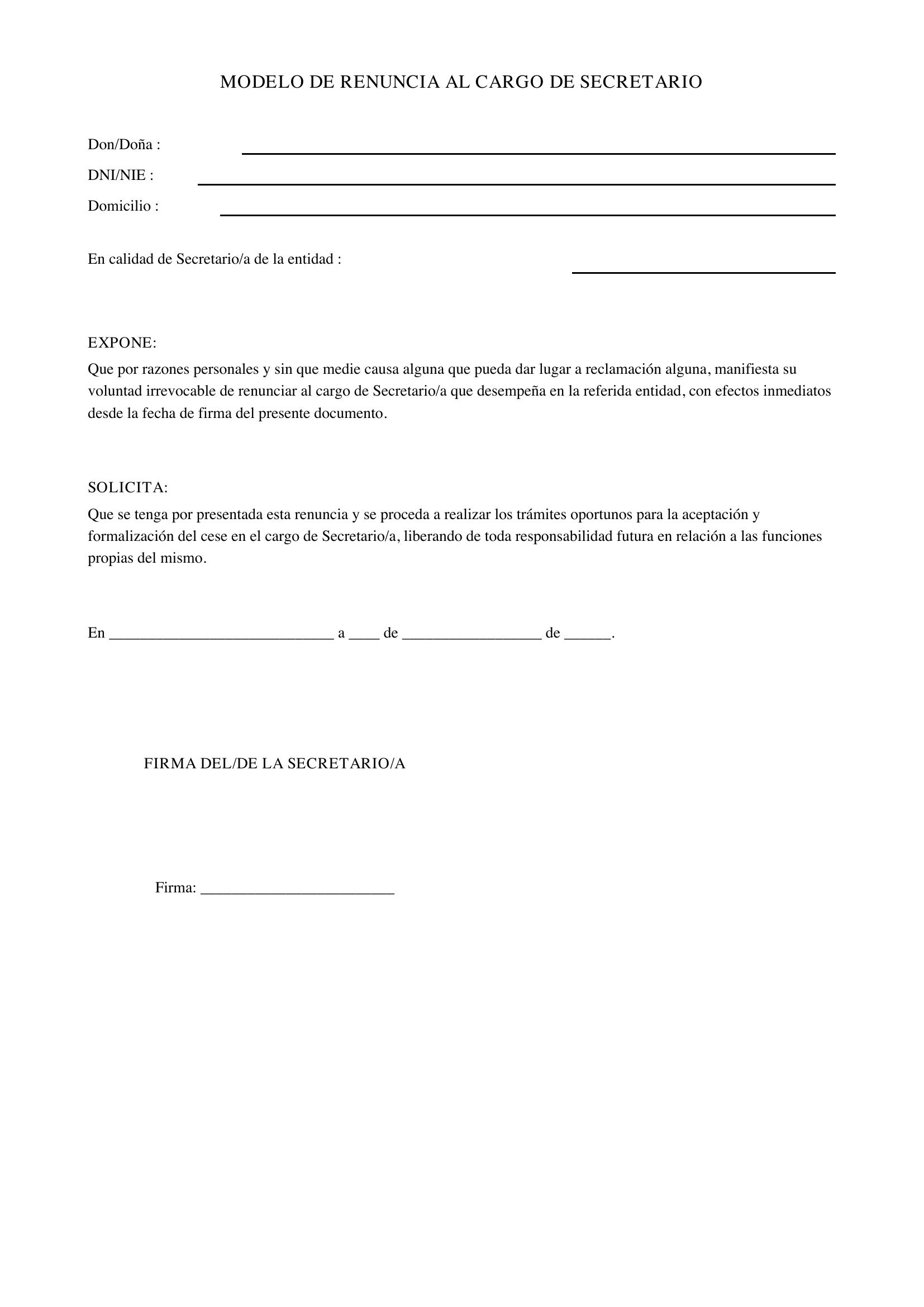 Modelo Renuncia Cargo Secretario