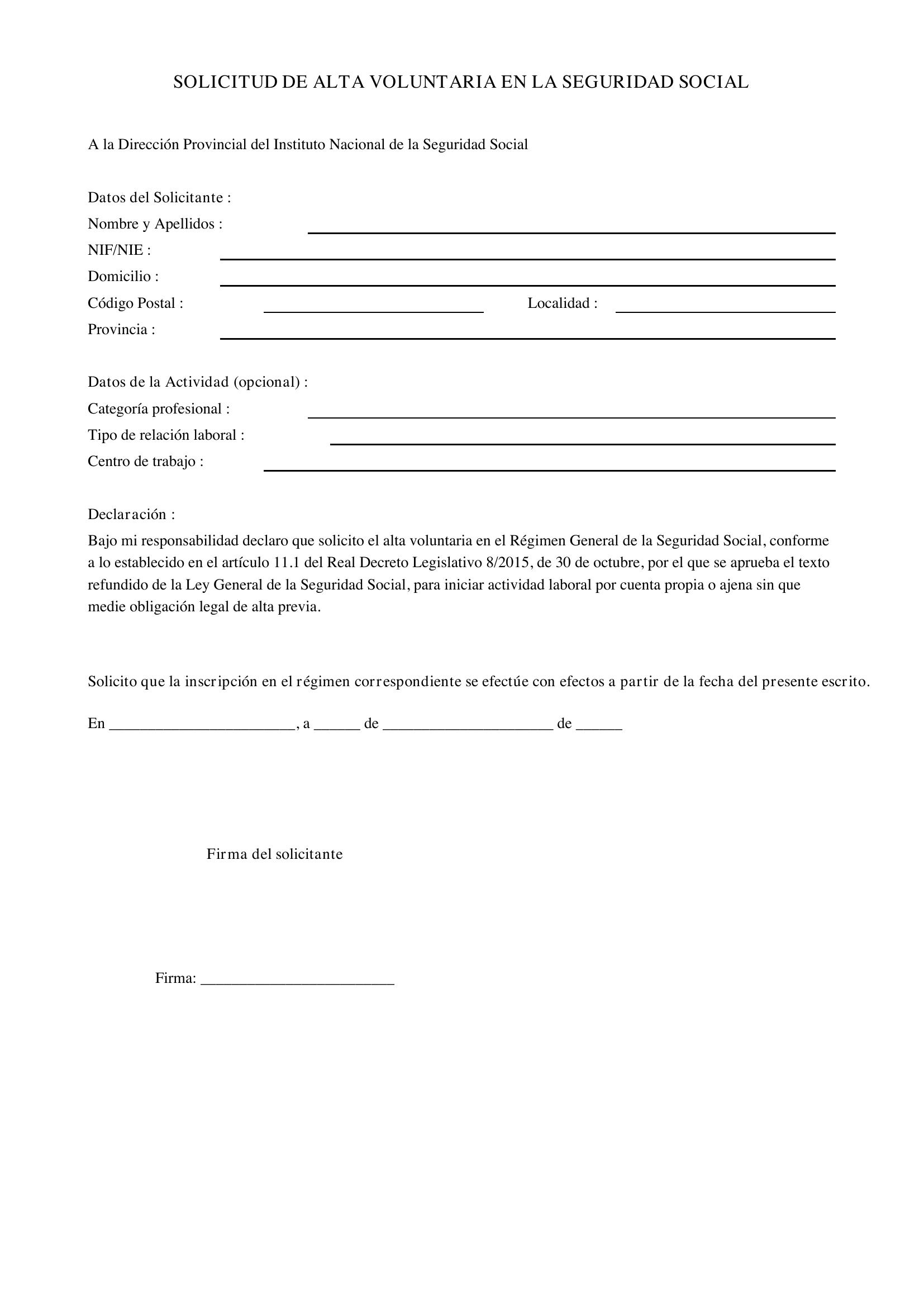 Modelo Solicitud Alta Voluntaria Inss