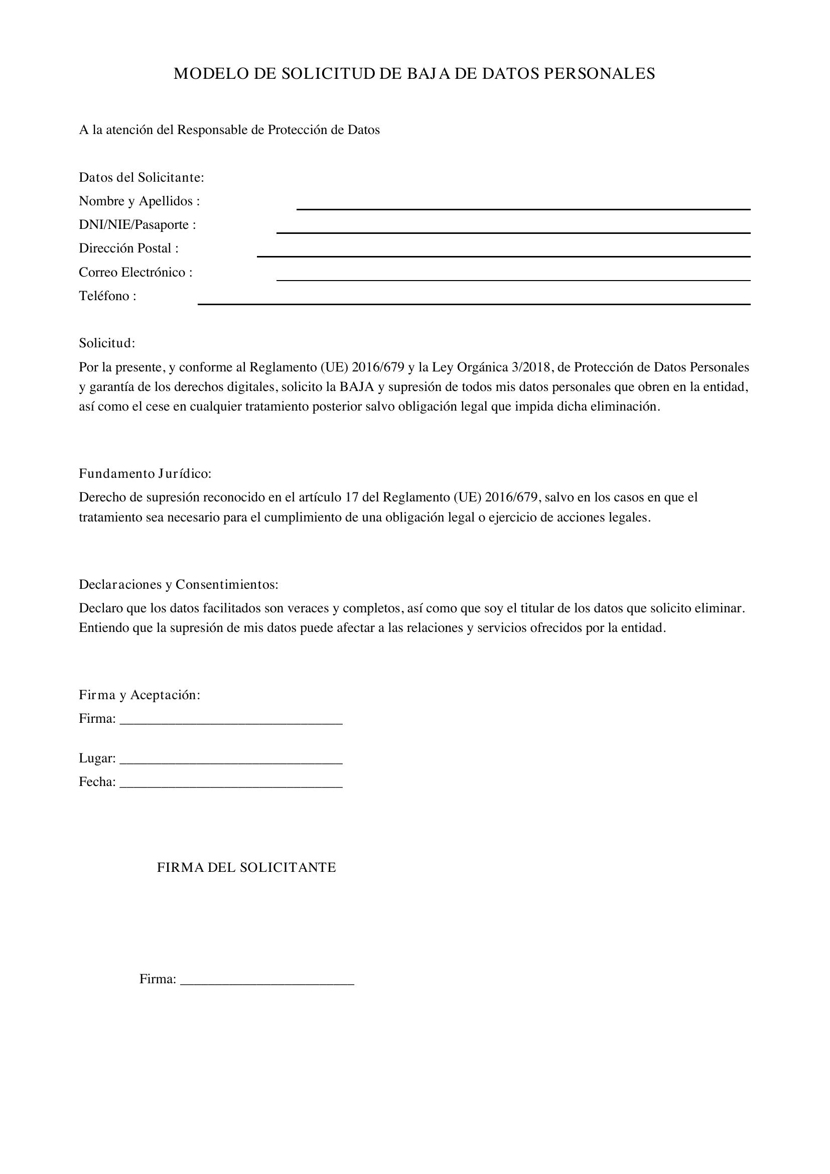 Modelo Solicitud Baja Datos Personales