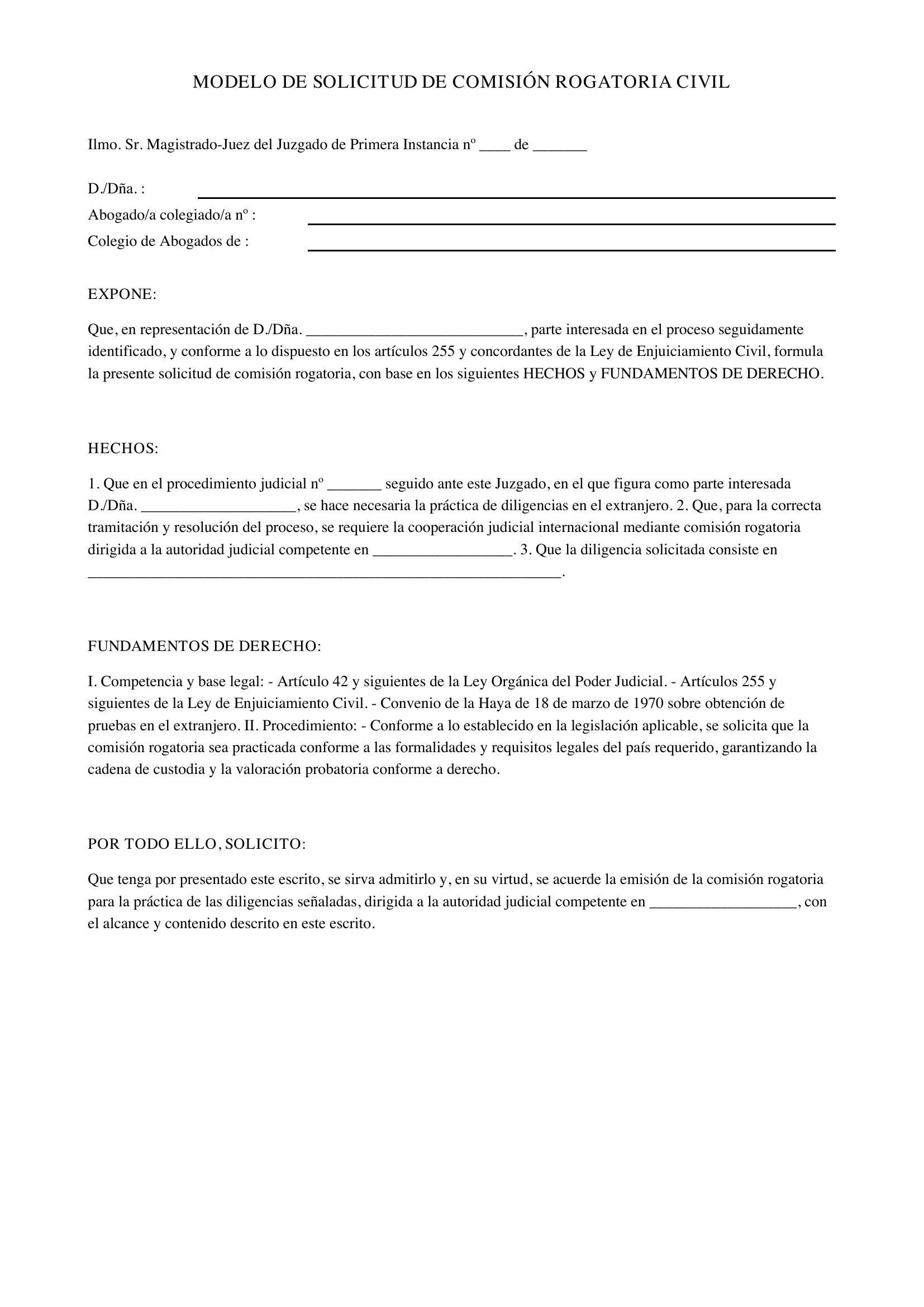 Modelo Solicitud Comisión Rogatoria Civil