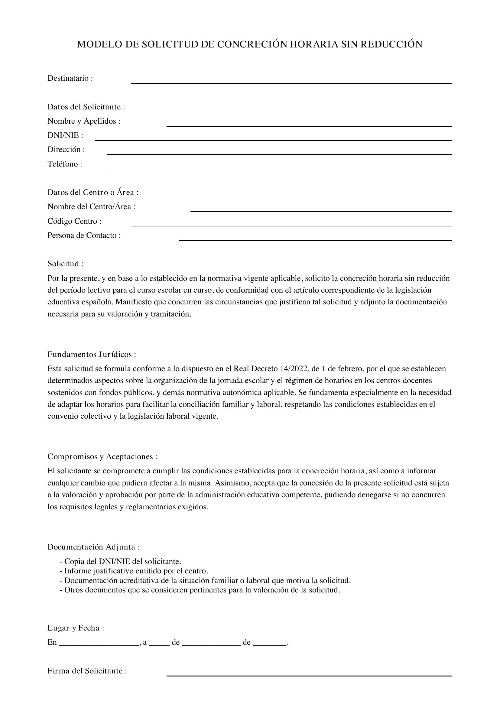 Modelo Solicitud Concreción Horaria Sin Reducción