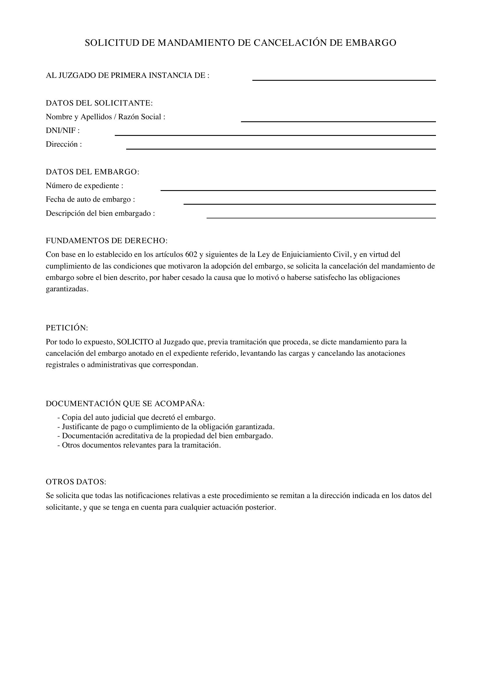 Modelo Solicitud De Mandamiento De Cancelación De Embargo