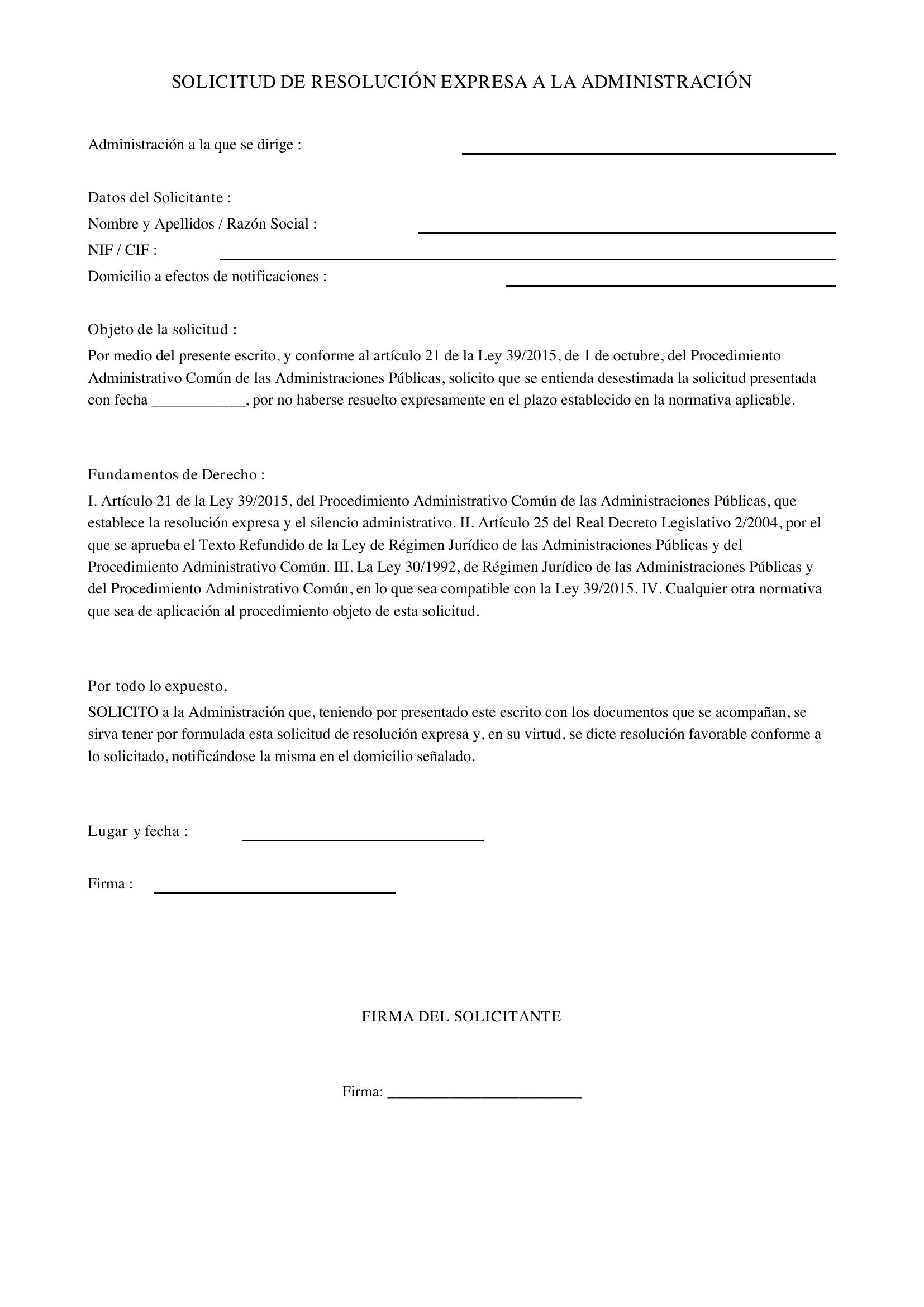 Modelo Solicitud De Resolución Expresa A La Administración