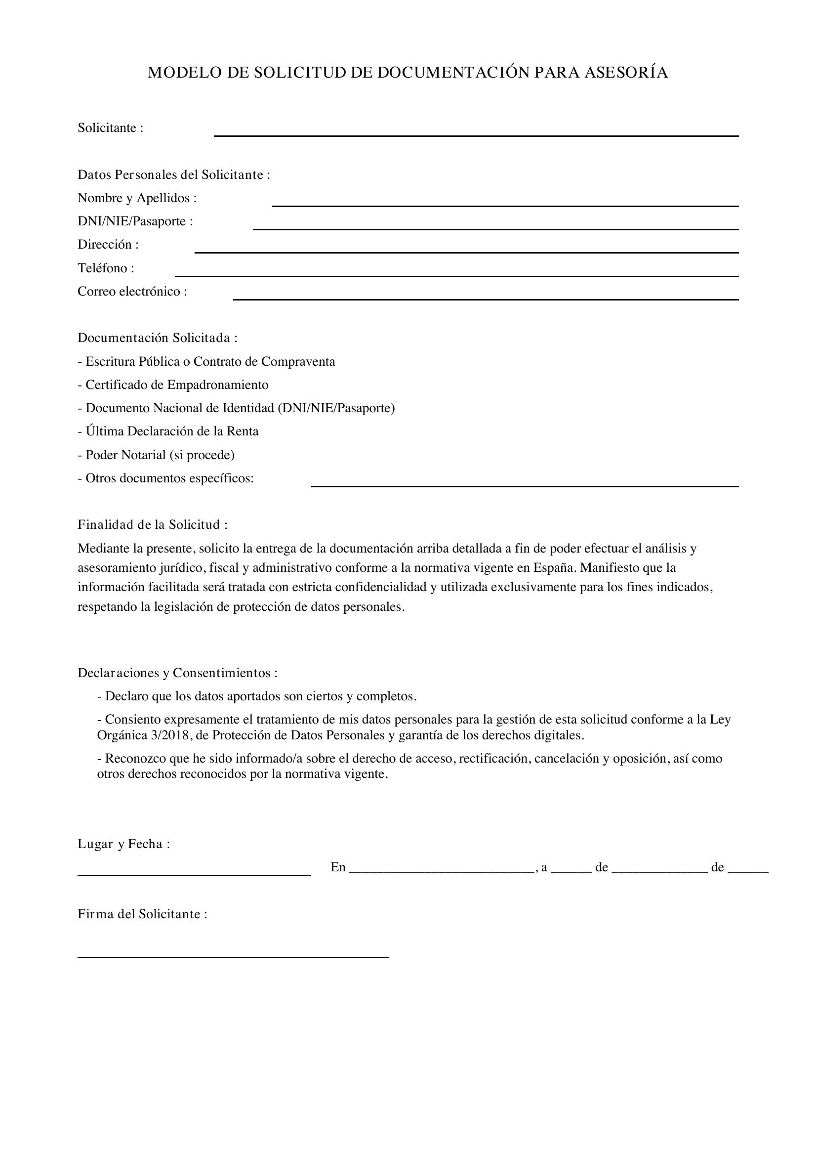 Modelo Solicitud Documentación Asesoría