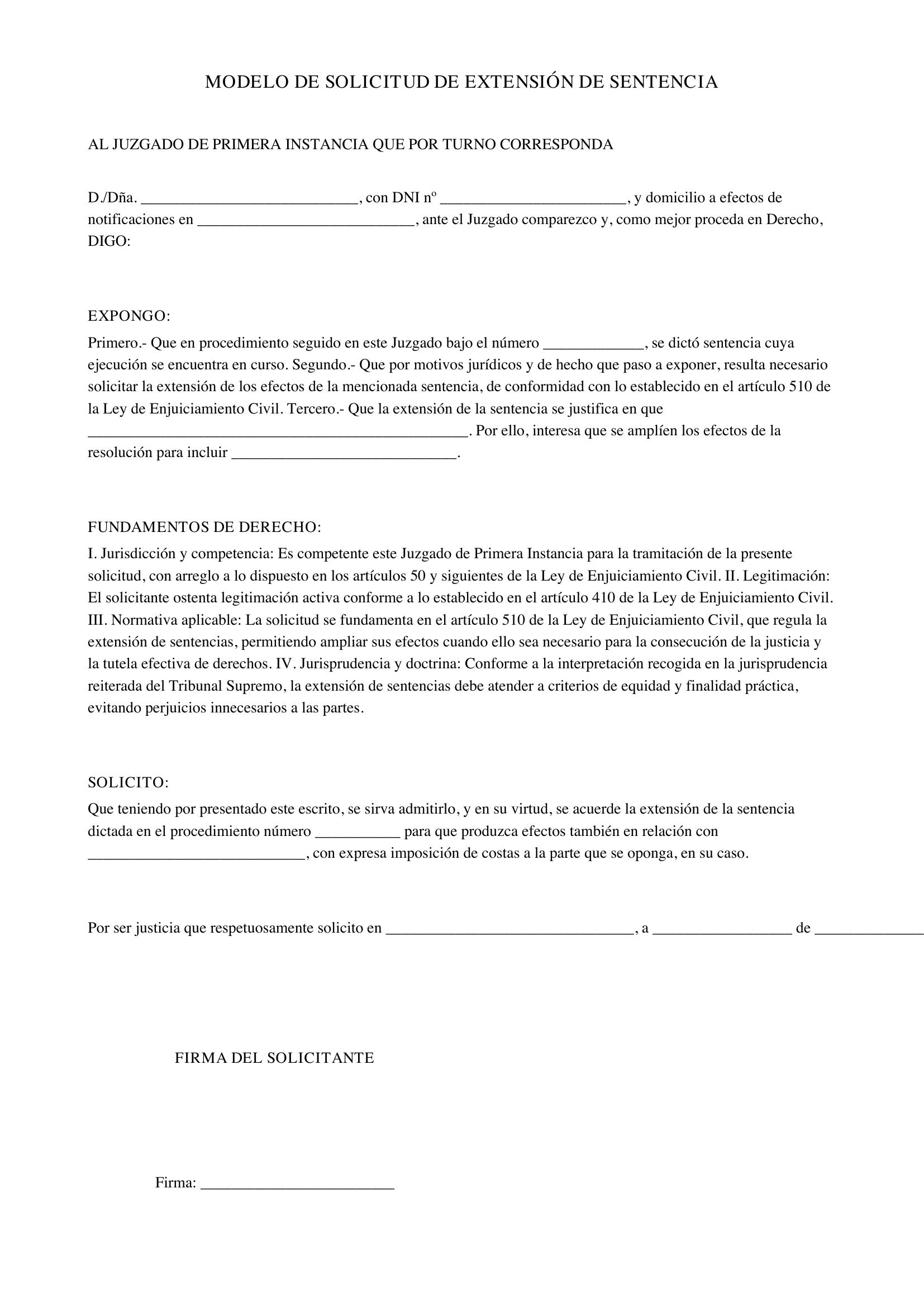 Modelo Solicitud Extensión De Sentencia