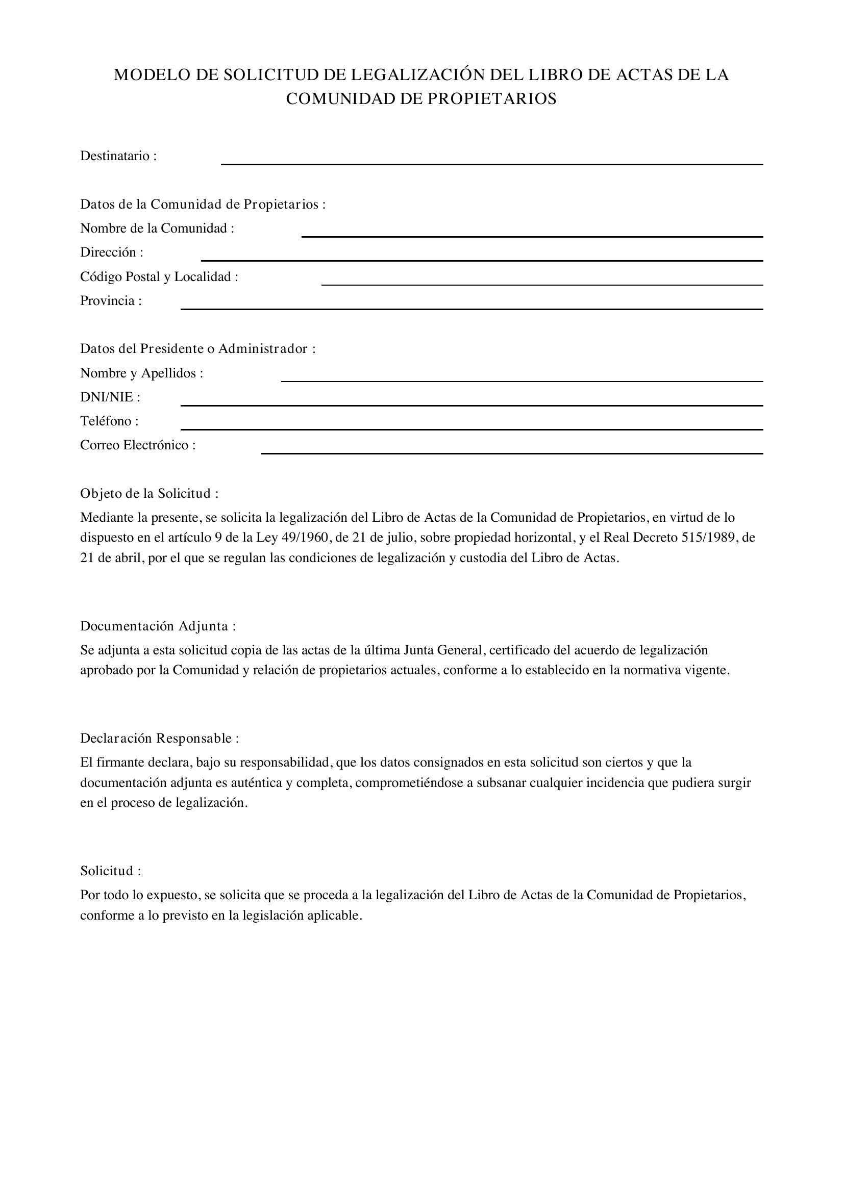 Modelo Solicitud Legalización Libro Actas Comunidad Propietarios