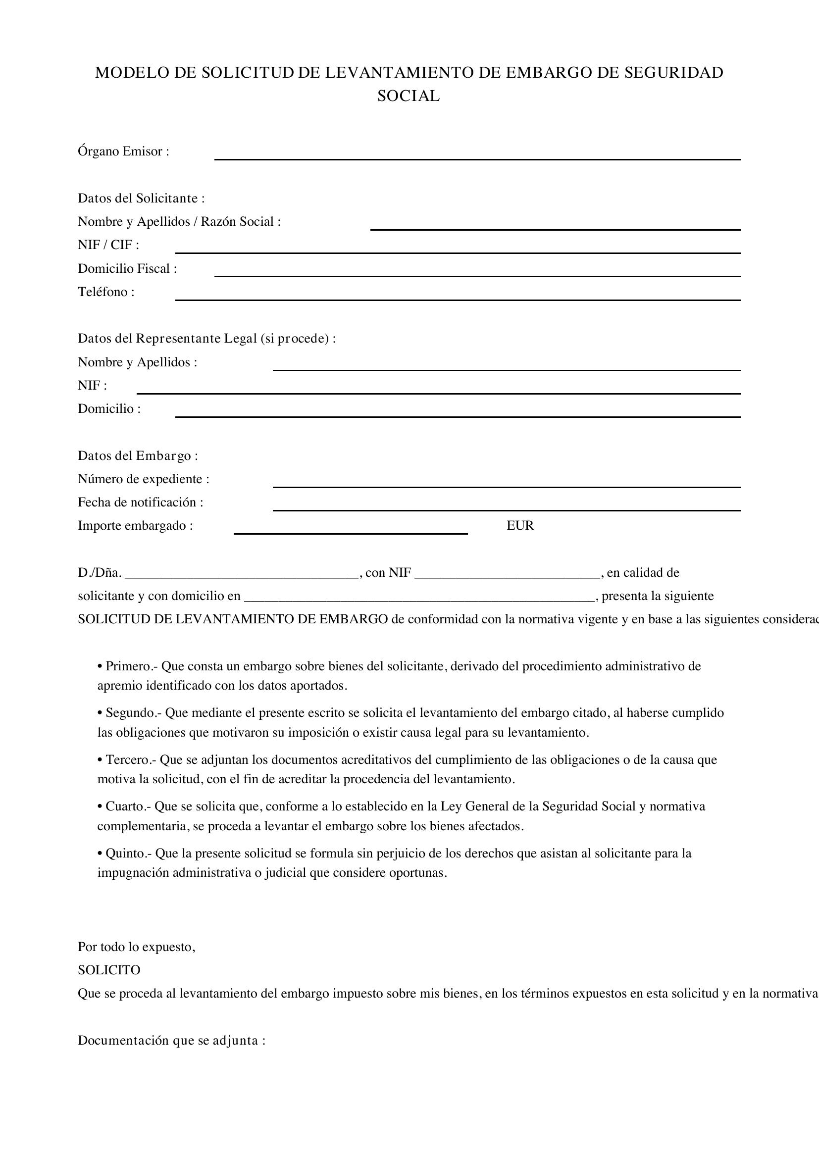 Modelo Solicitud Levantamiento Embargo Seguridad Social