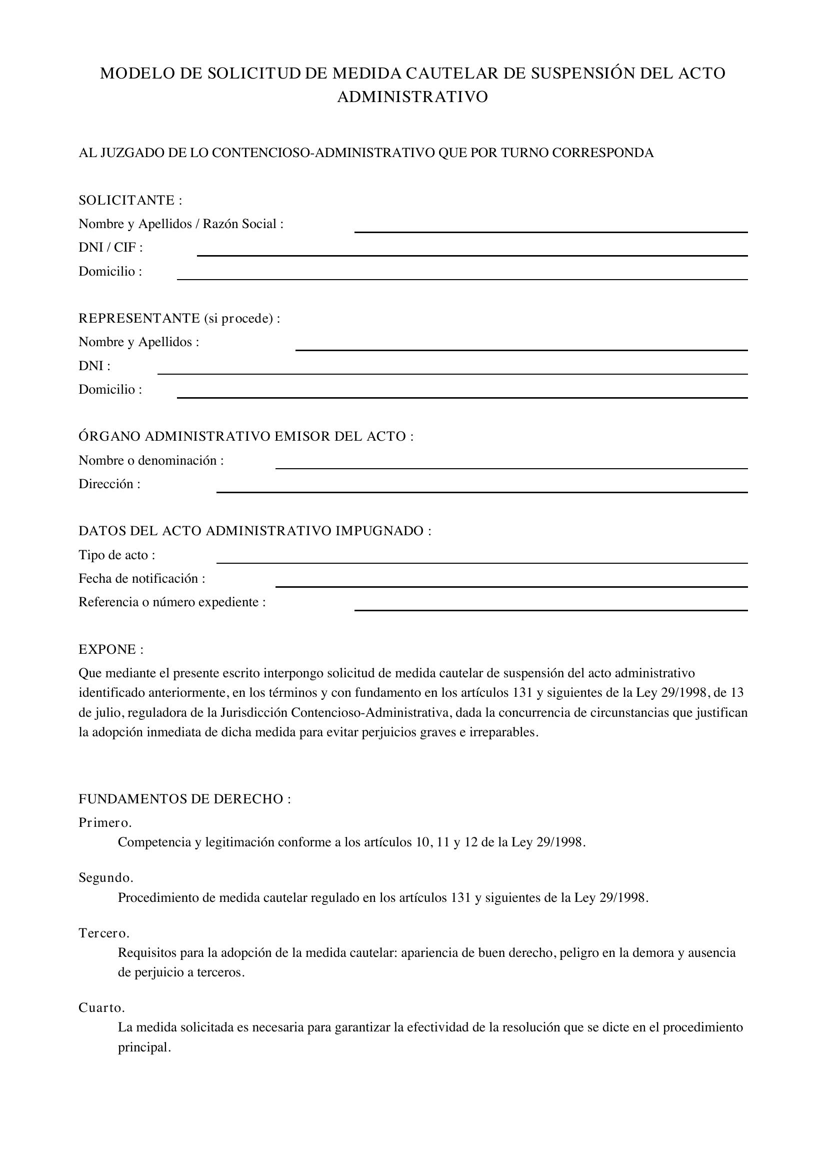 Modelo Solicitud Medida Cautelar Suspensión Acto Administrativo