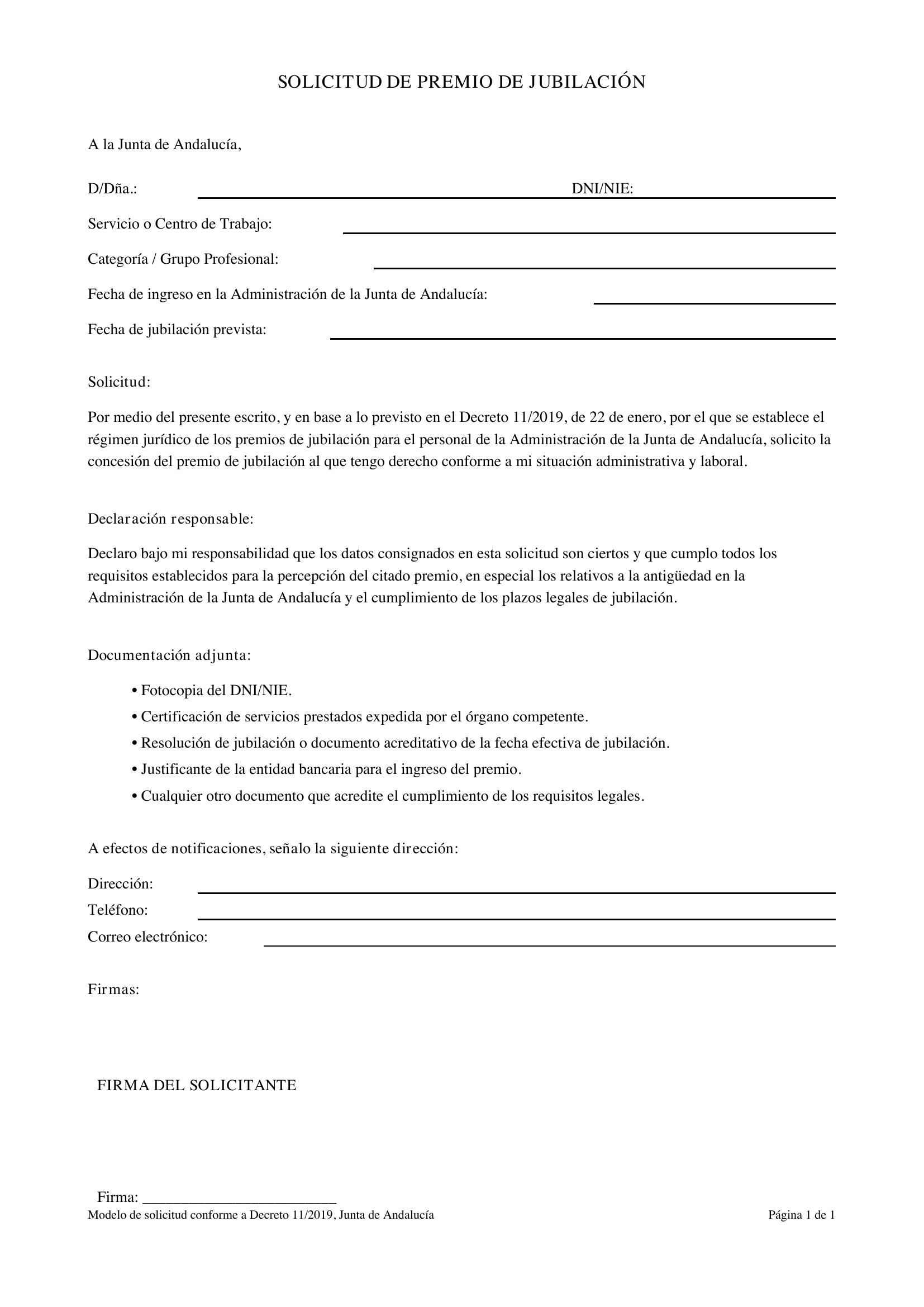 Modelo Solicitud Premio Jubilación Junta Andalucía