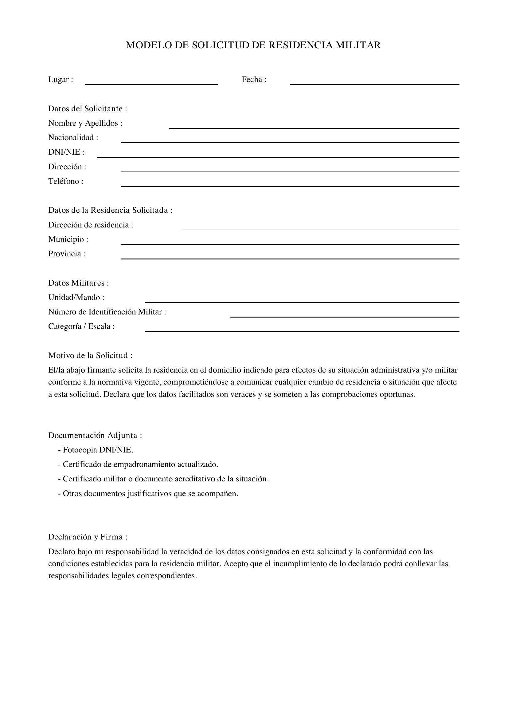 Modelo Solicitud Residencia Militar