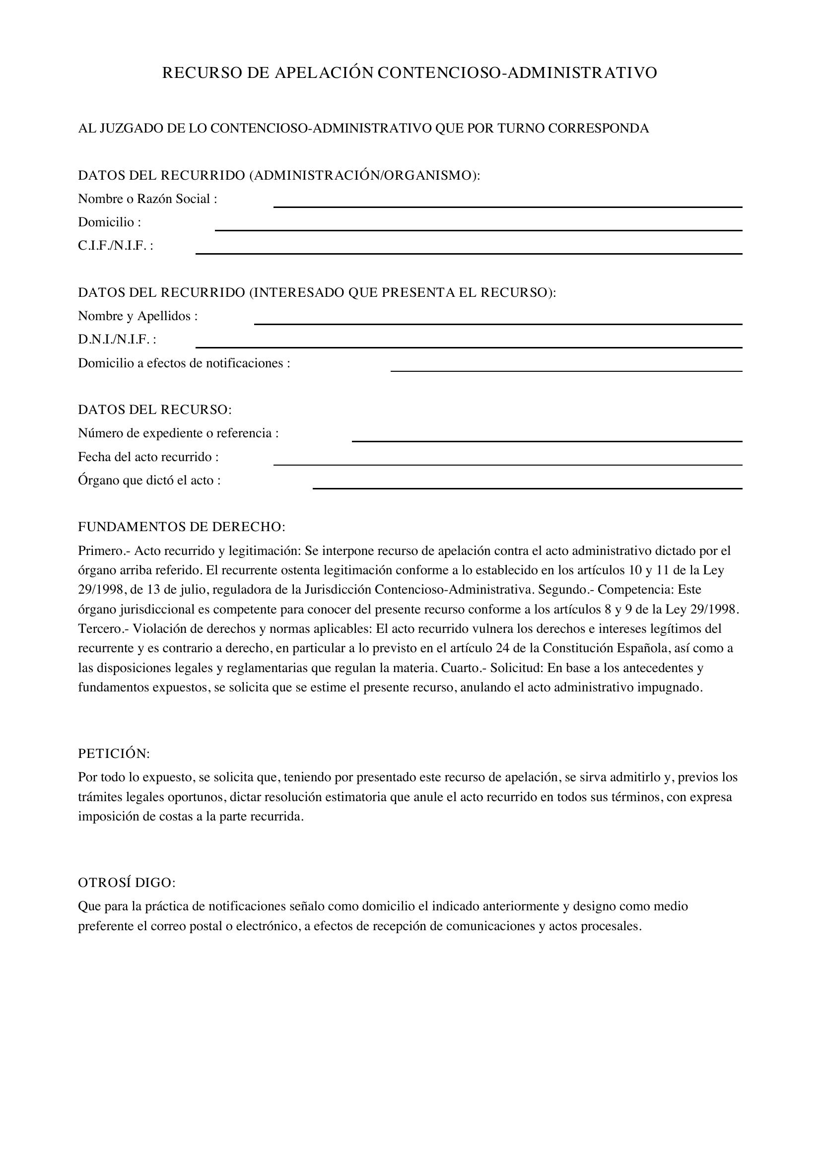 Recurso De Apelación Contencioso Administrativo Modelo