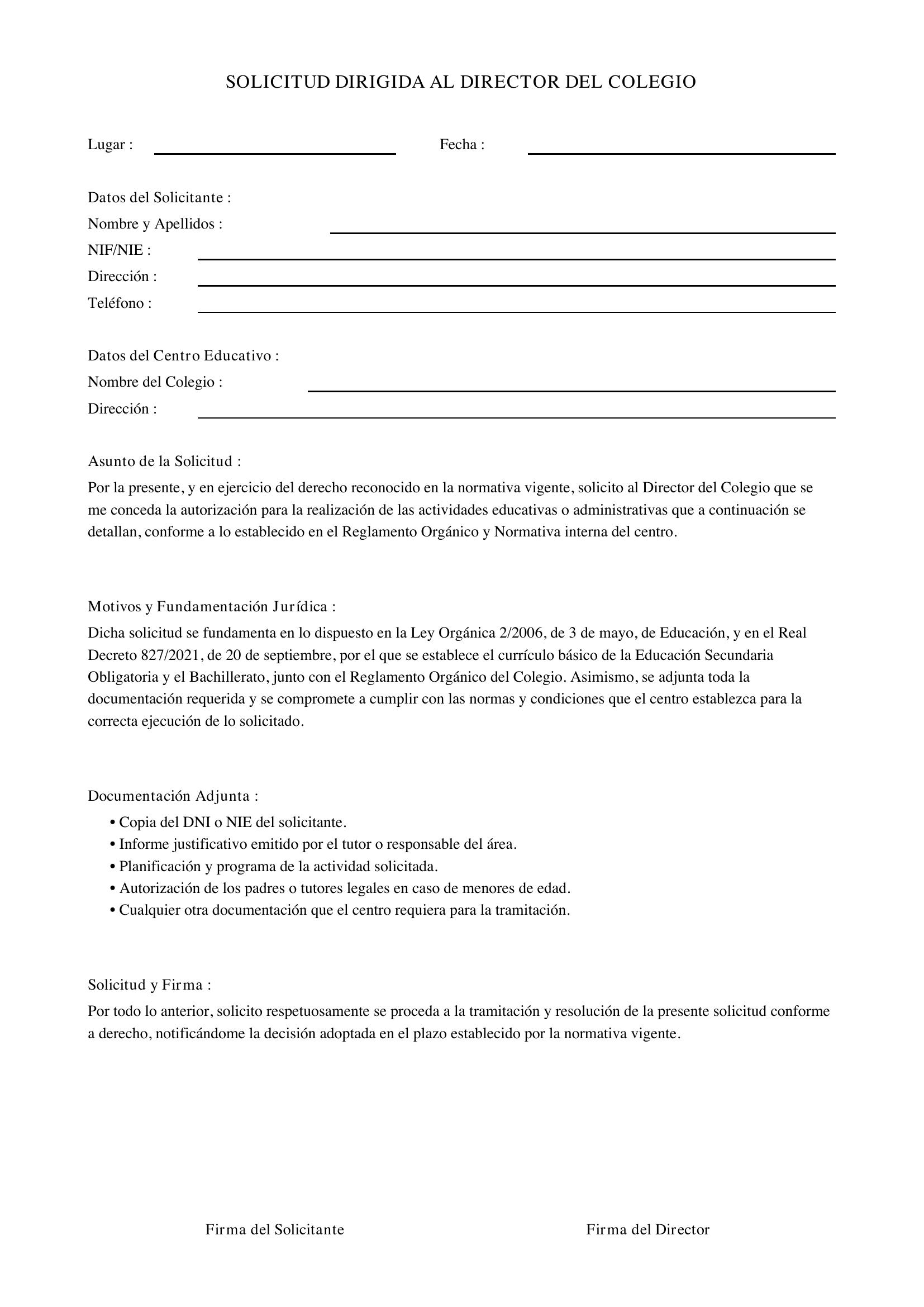 Solicitud Dirigida Al Director Del Colegio