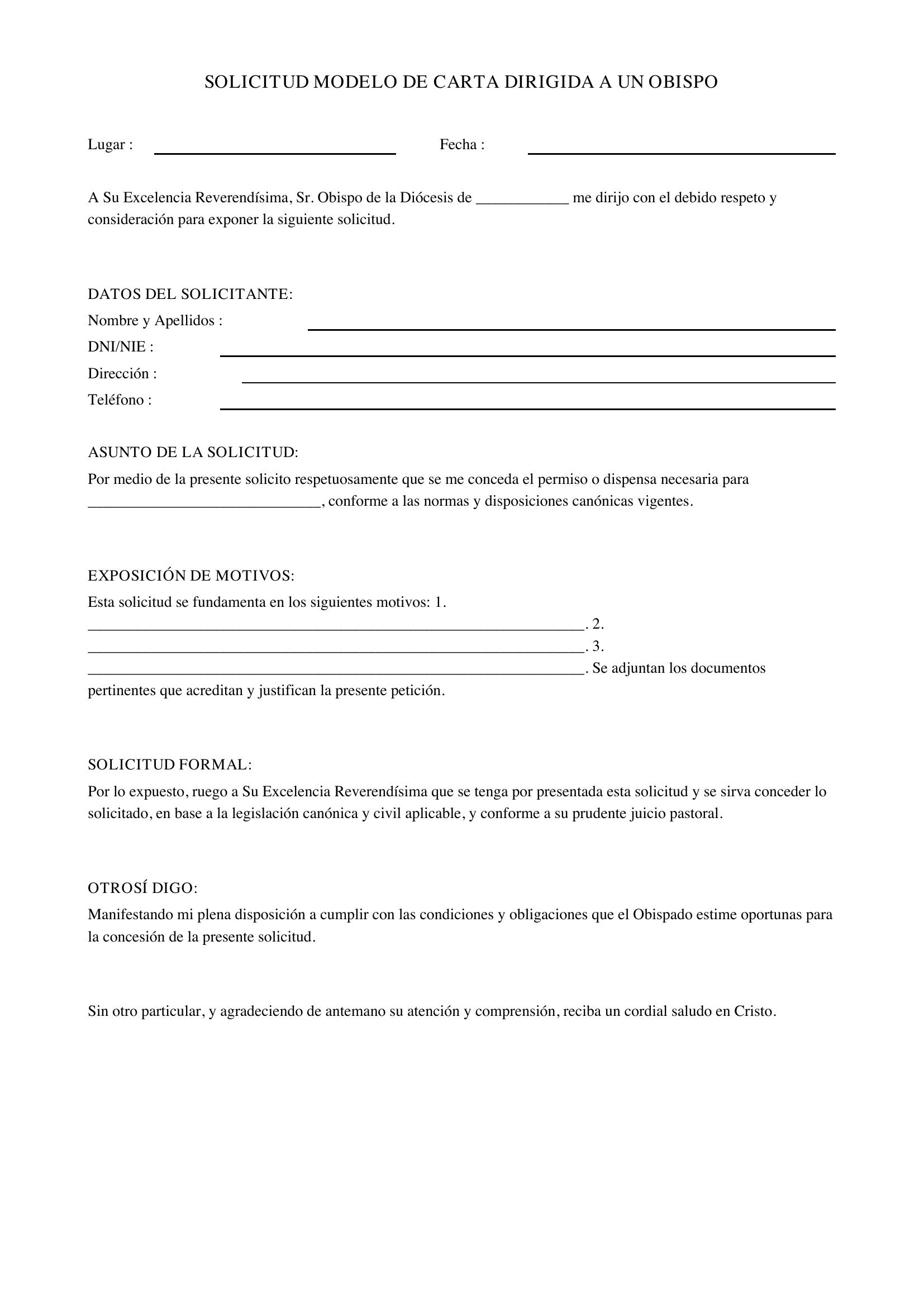 Solicitud Modelo De Carta Dirigida A Un Obispo